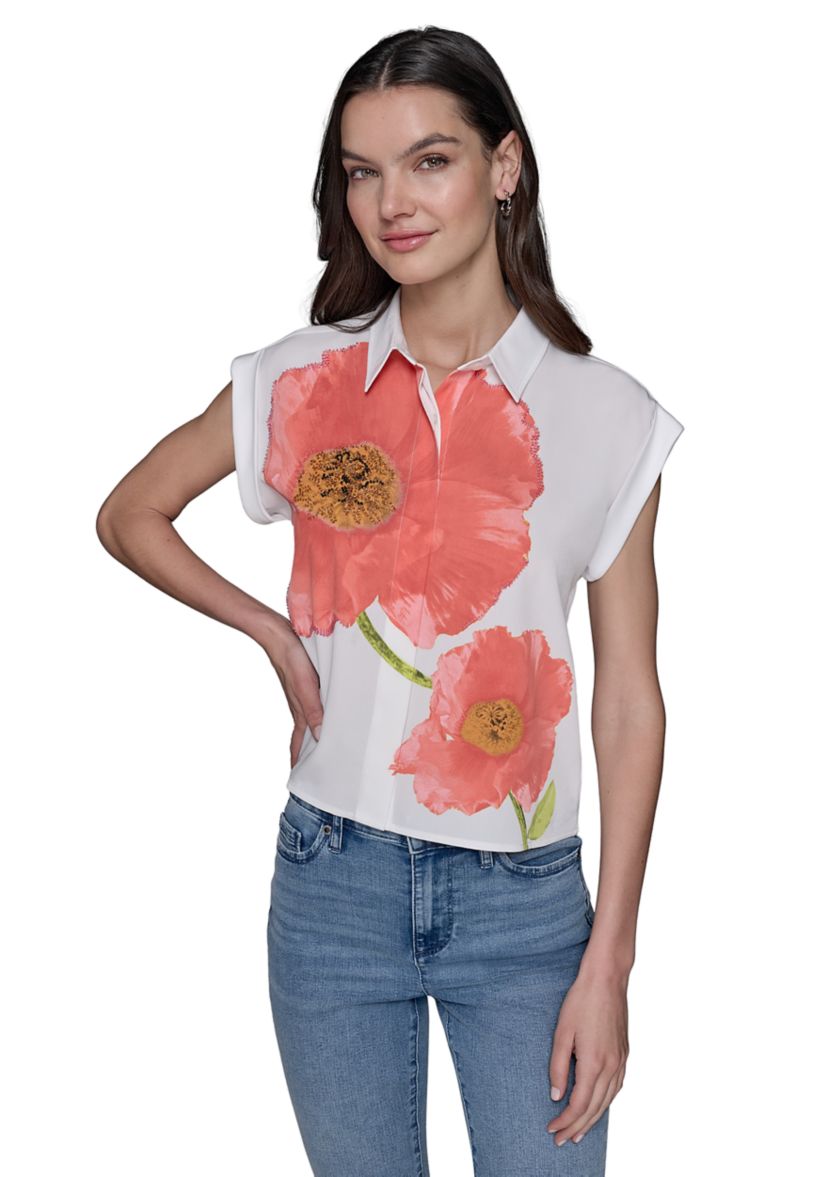 Womens Floral Beaded Camp Shirt