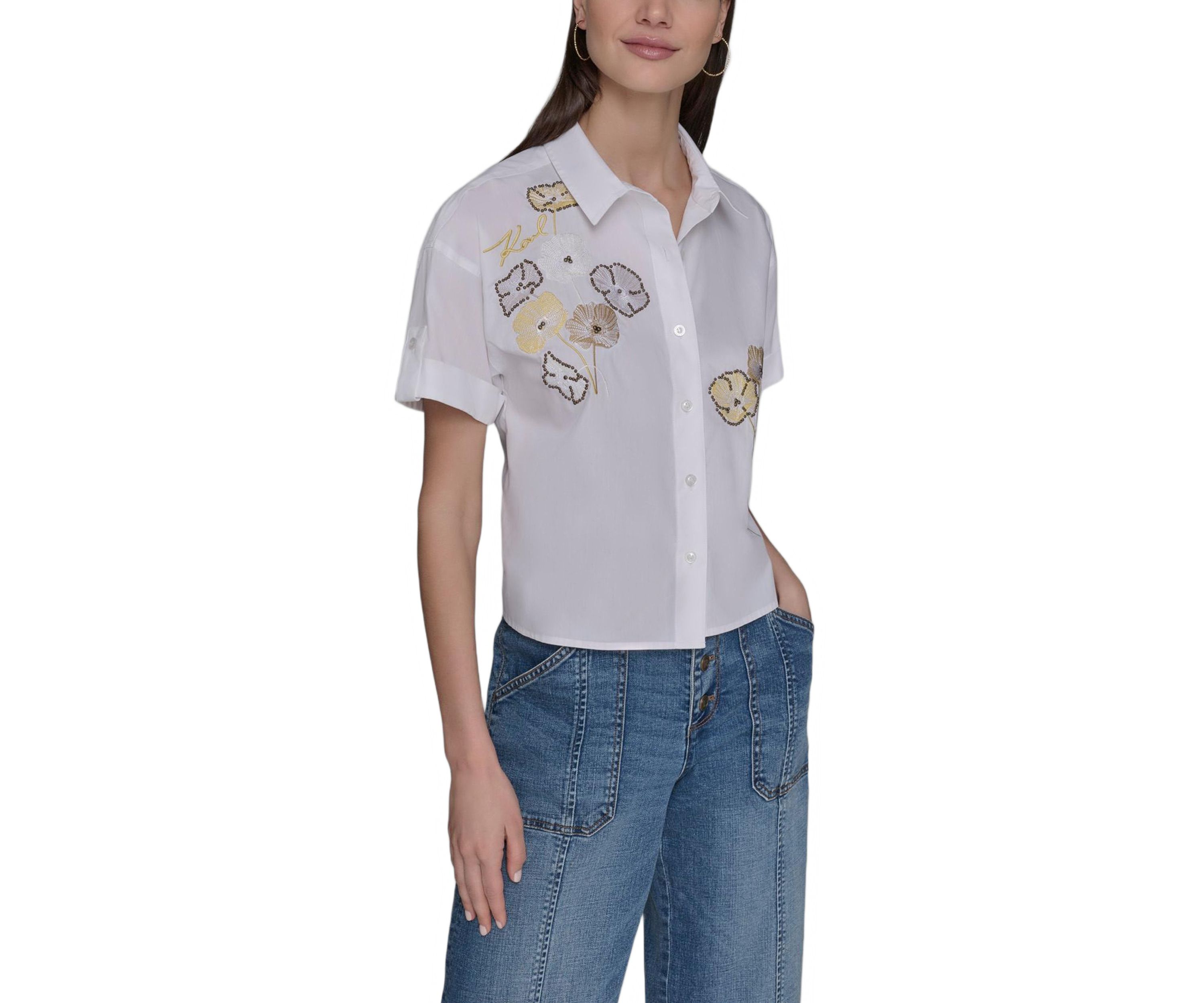 Womens Floral Embroidered Camp Shirt