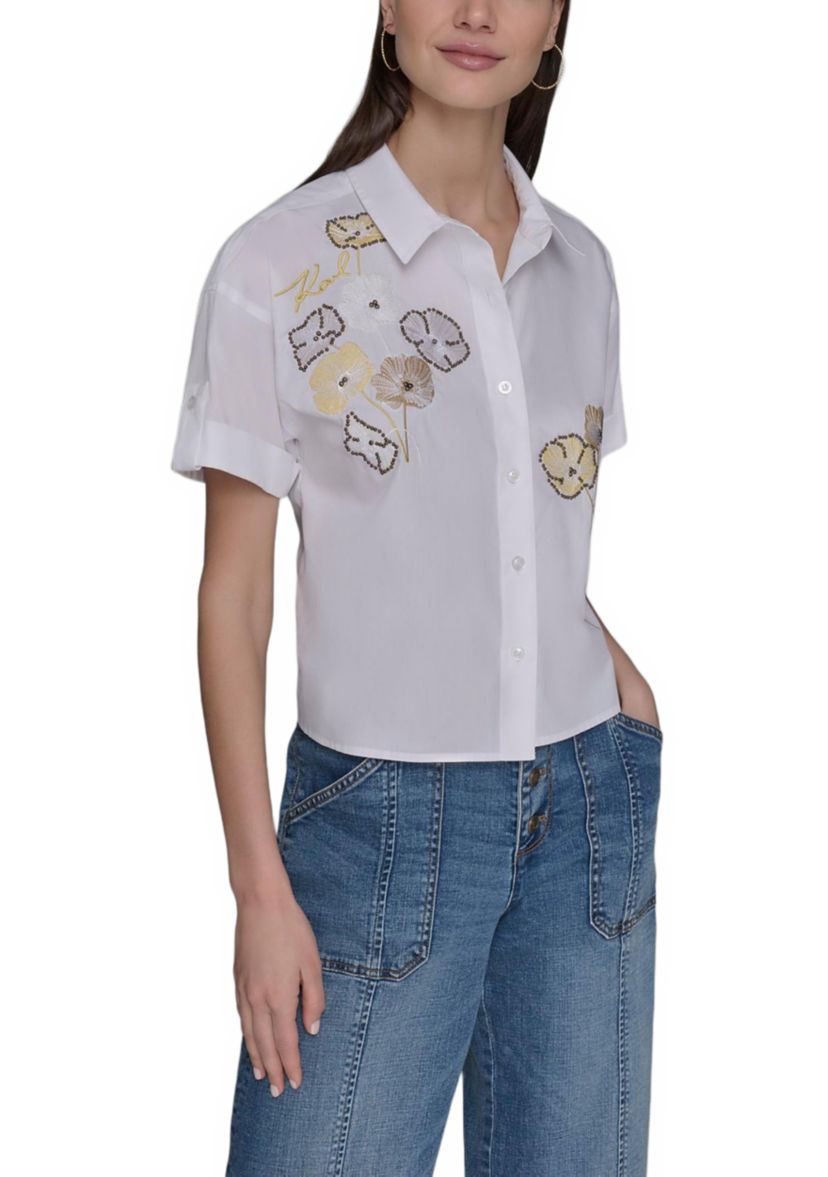 Womens Floral Embroidered Camp Shirt