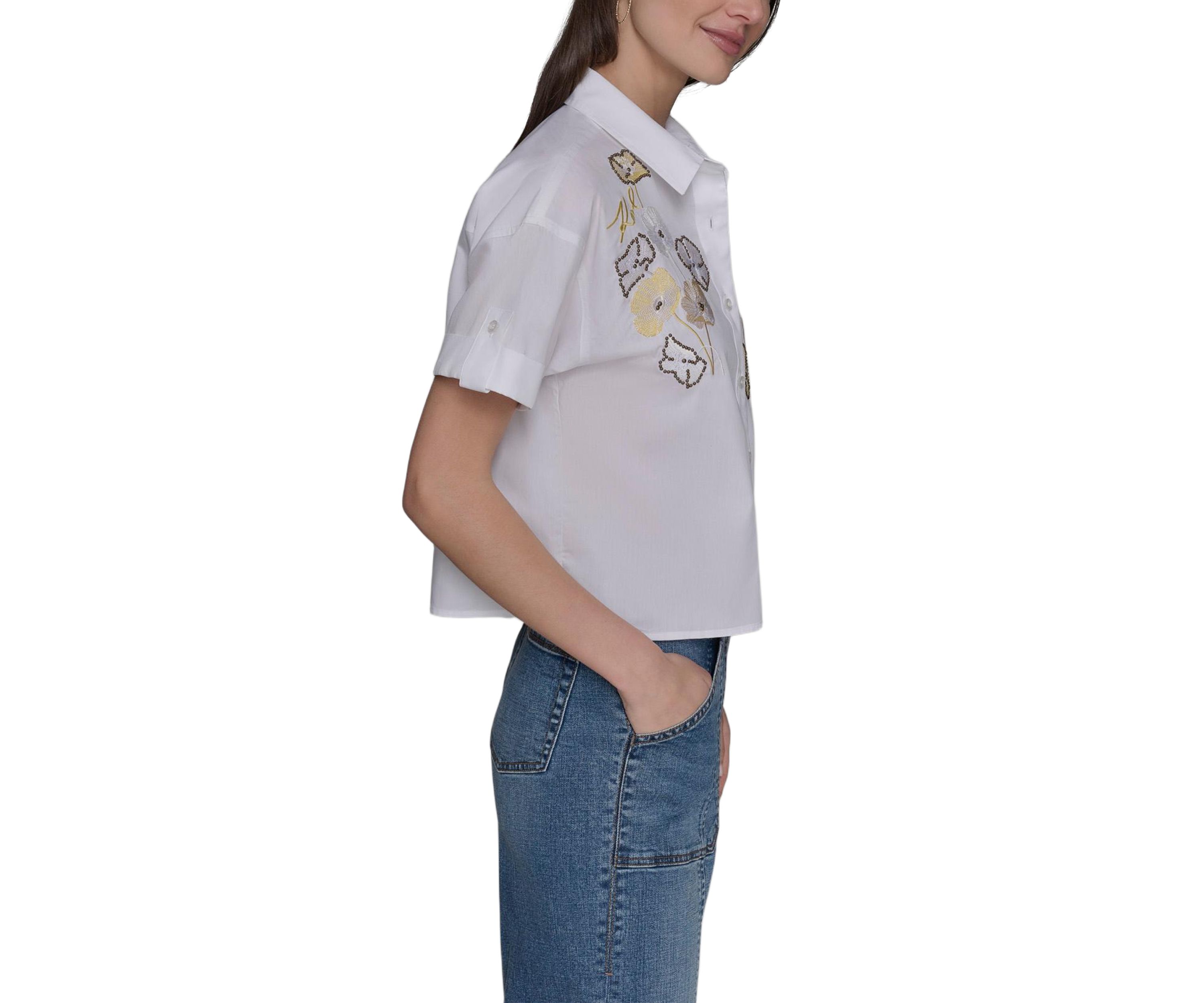 Womens Floral Embroidered Camp Shirt
