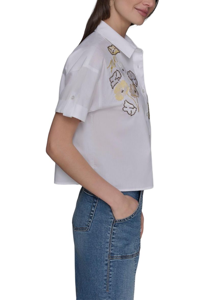 Womens Floral Embroidered Camp Shirt
