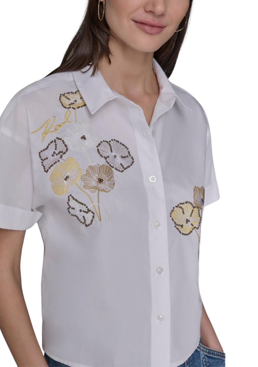 Womens Floral Embroidered Camp Shirt