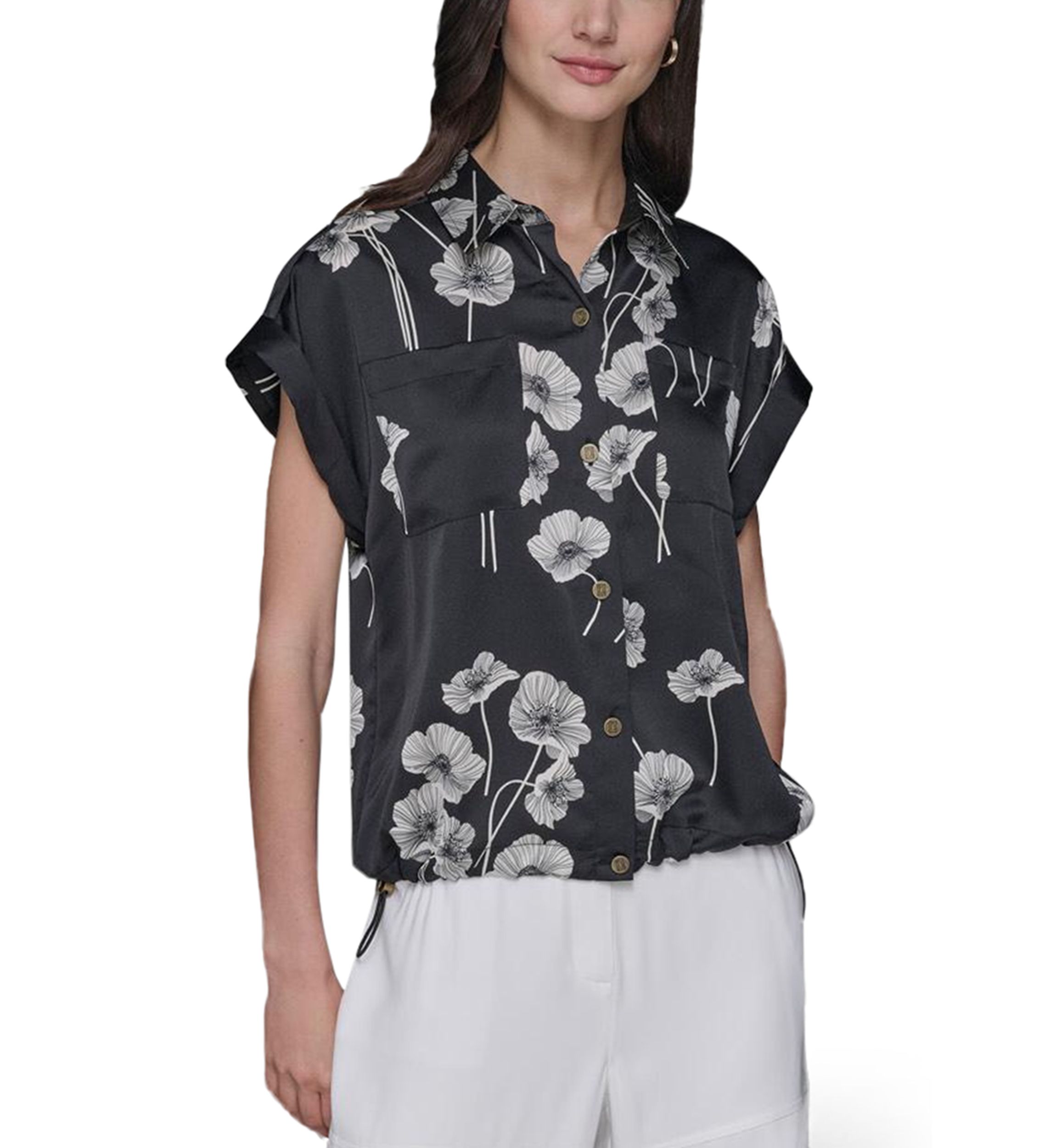 Womens Floral Printed Drawstring Camp Shirt