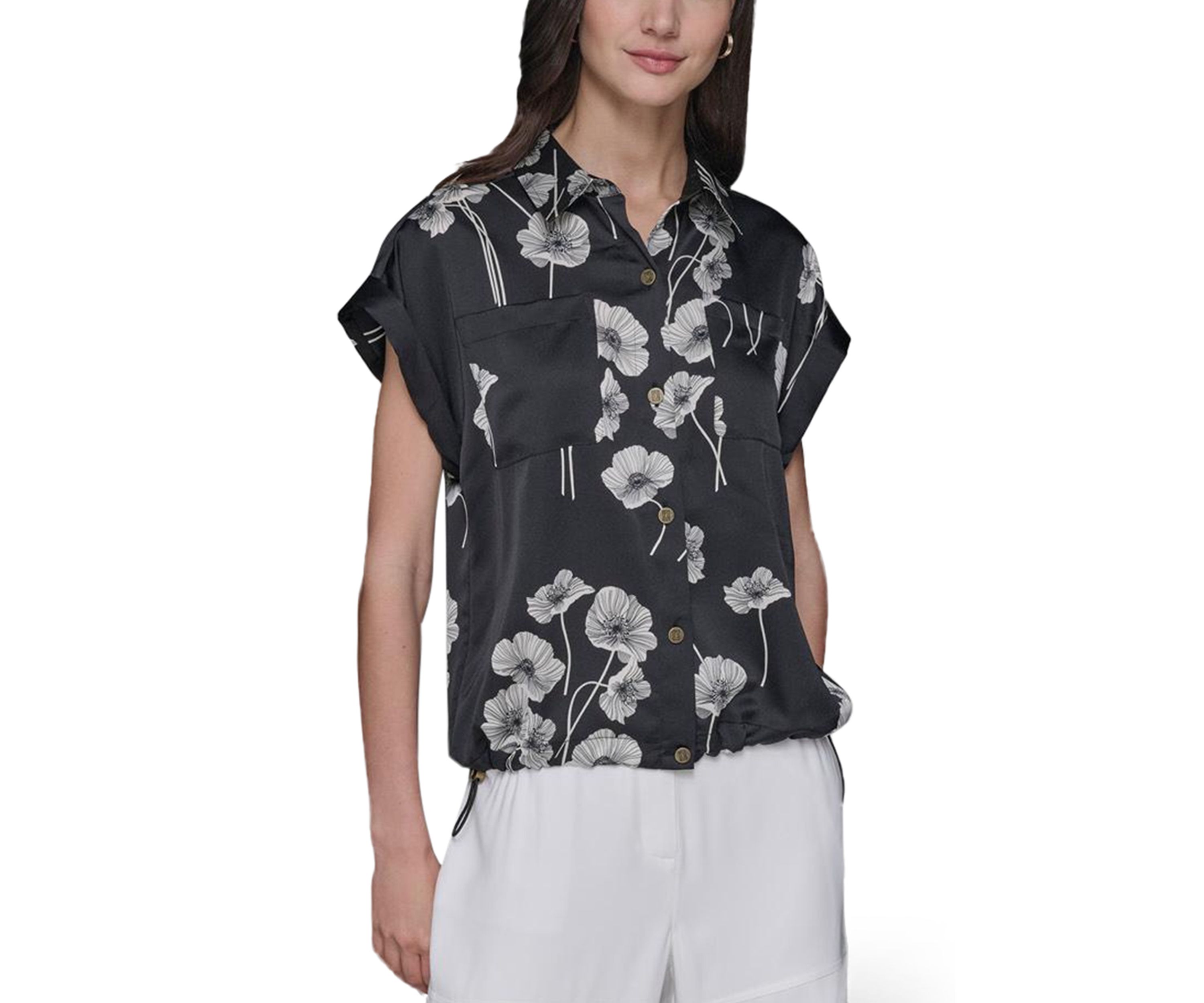 Womens Floral Printed Drawstring Camp Shirt