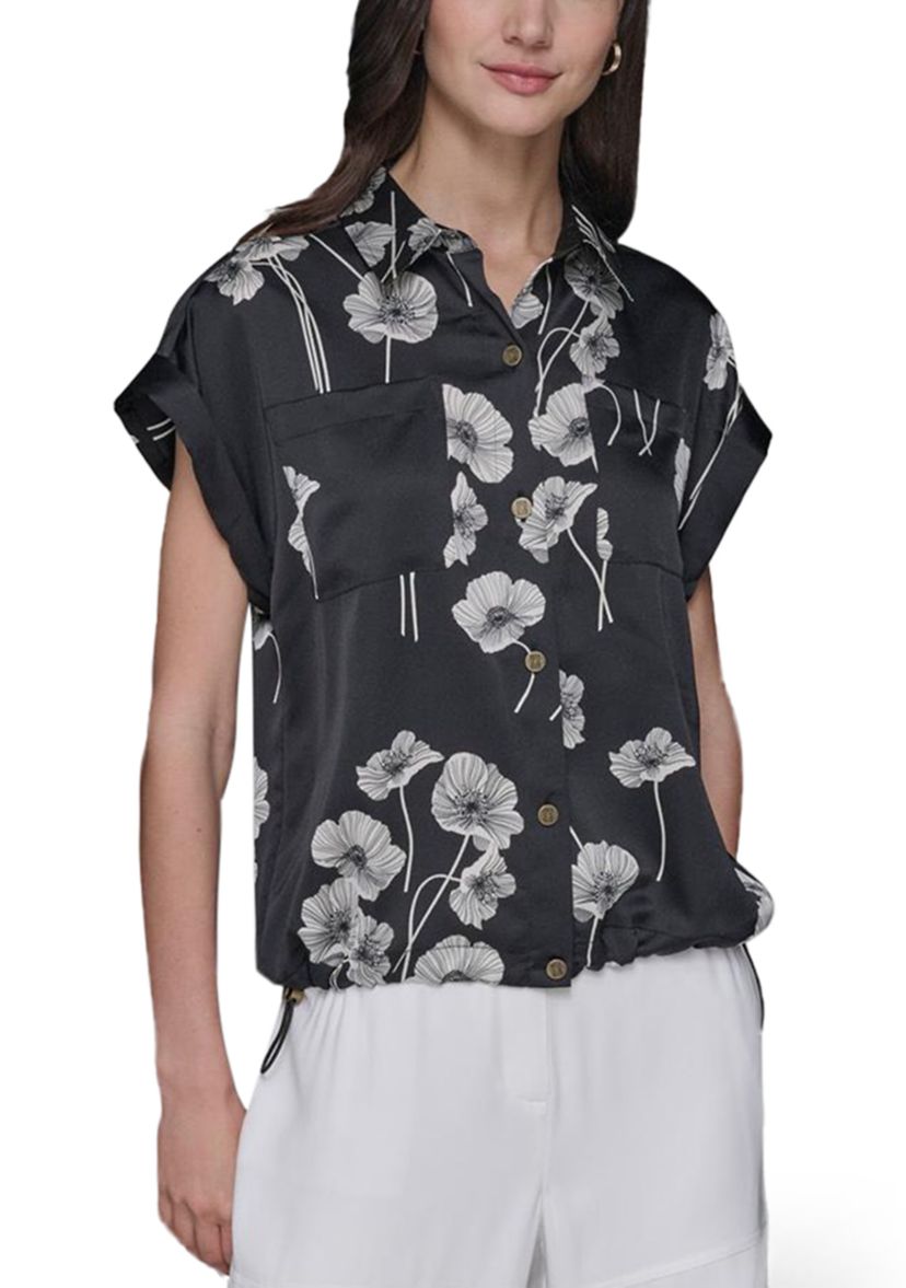 Womens Floral Printed Drawstring Camp Shirt