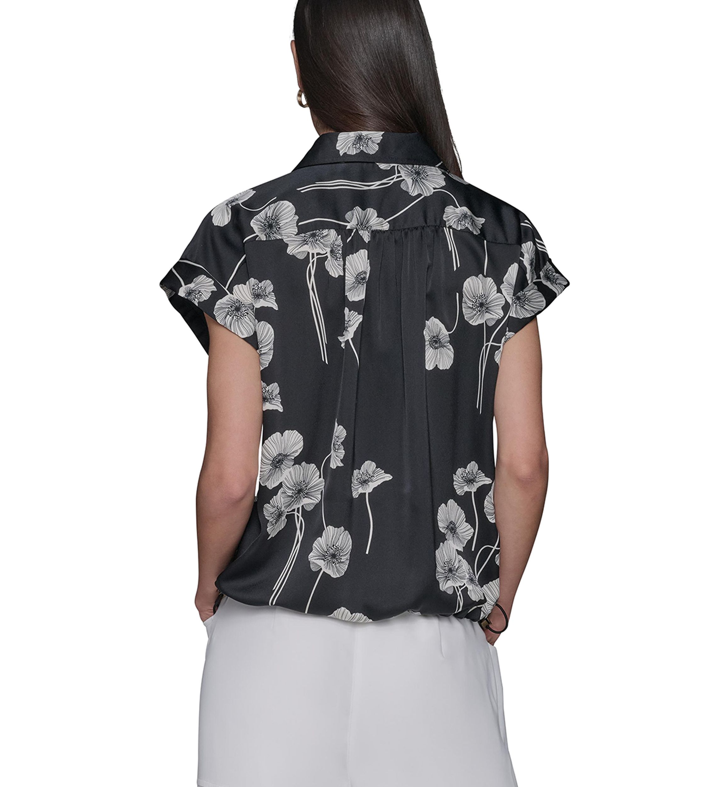 Womens Floral Printed Drawstring Camp Shirt