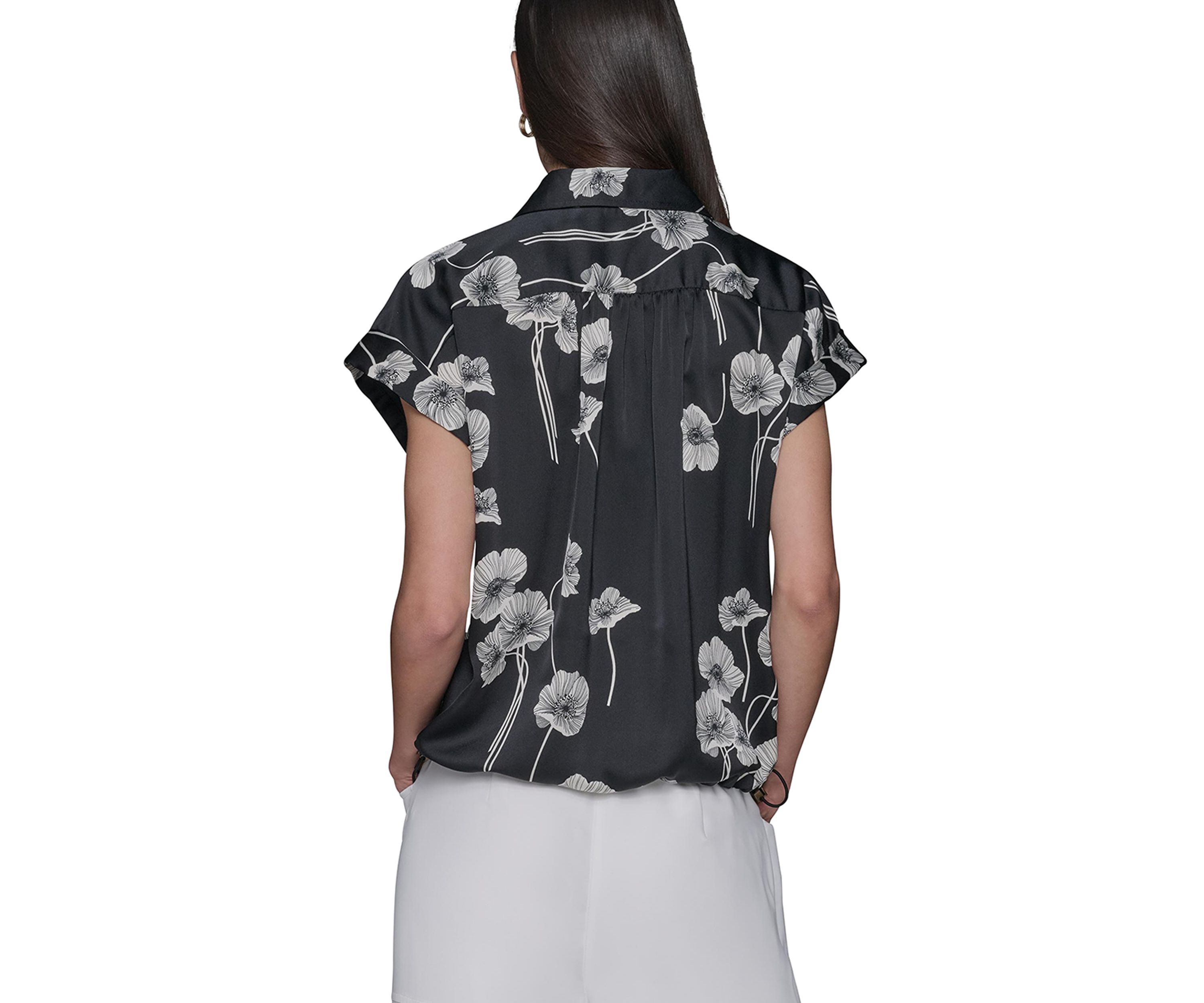 Womens Floral Printed Drawstring Camp Shirt