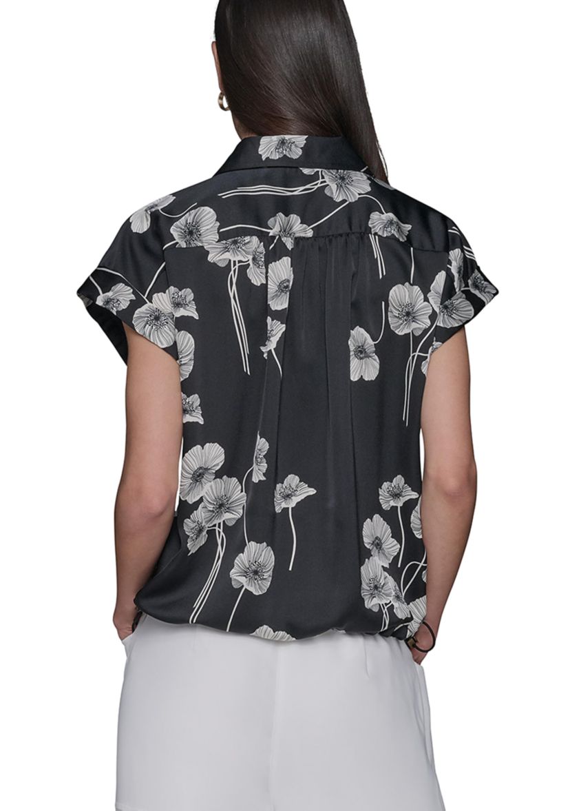 Womens Floral Printed Drawstring Camp Shirt