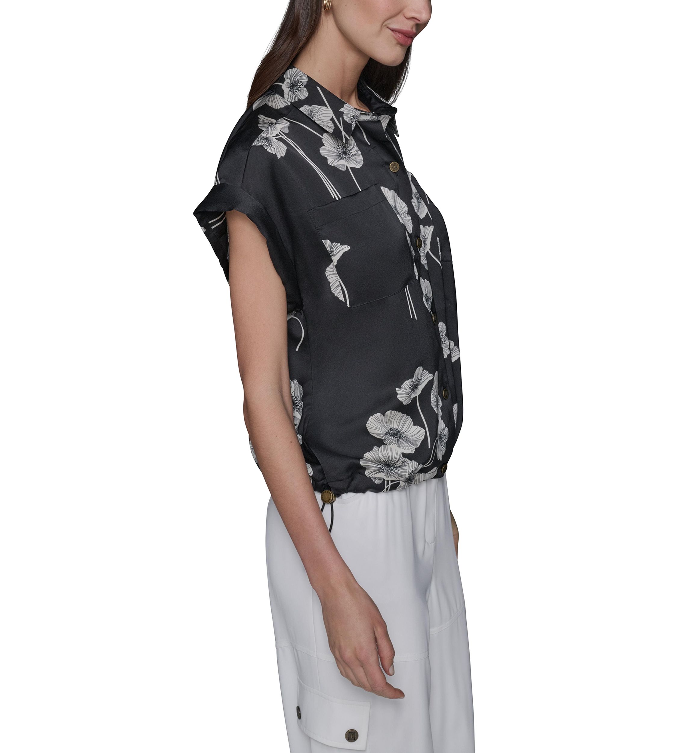 Womens Floral Printed Drawstring Camp Shirt