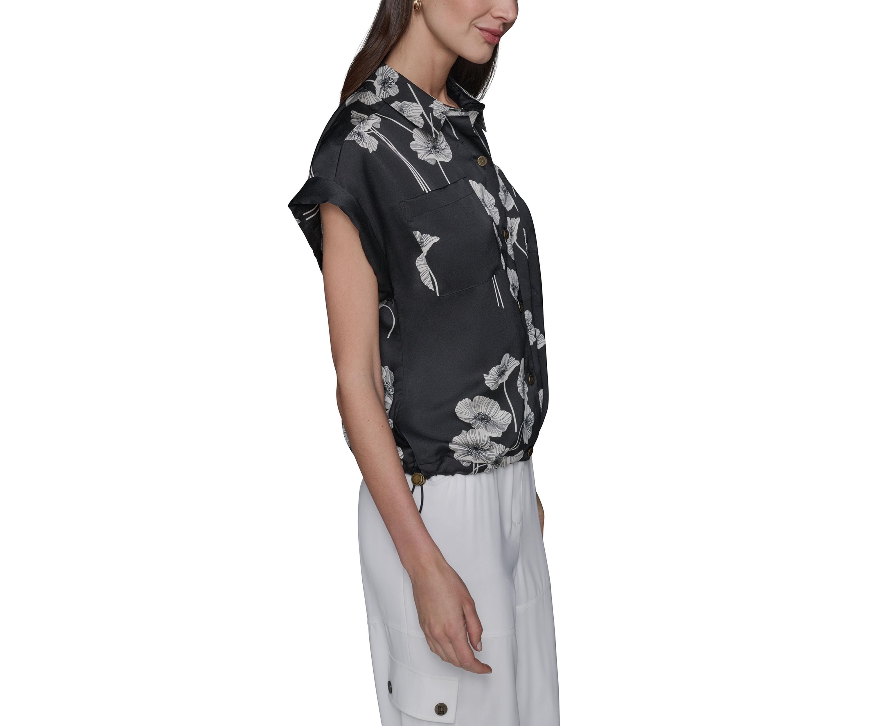 Womens Floral Printed Drawstring Camp Shirt
