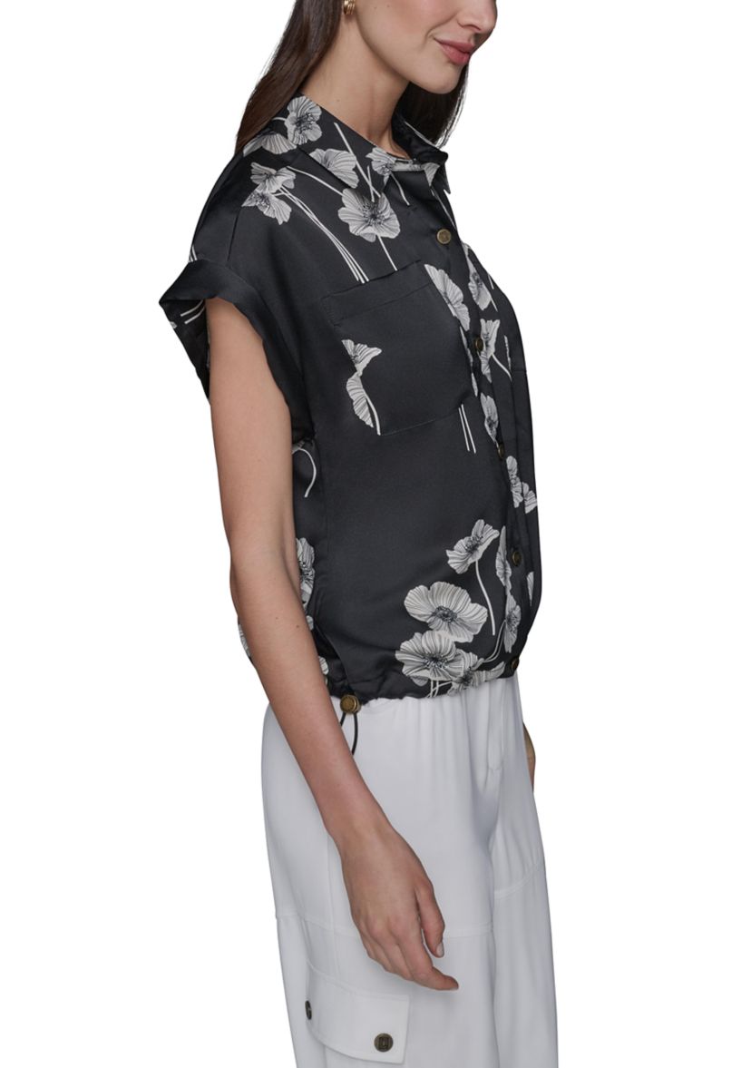 Womens Floral Printed Drawstring Camp Shirt