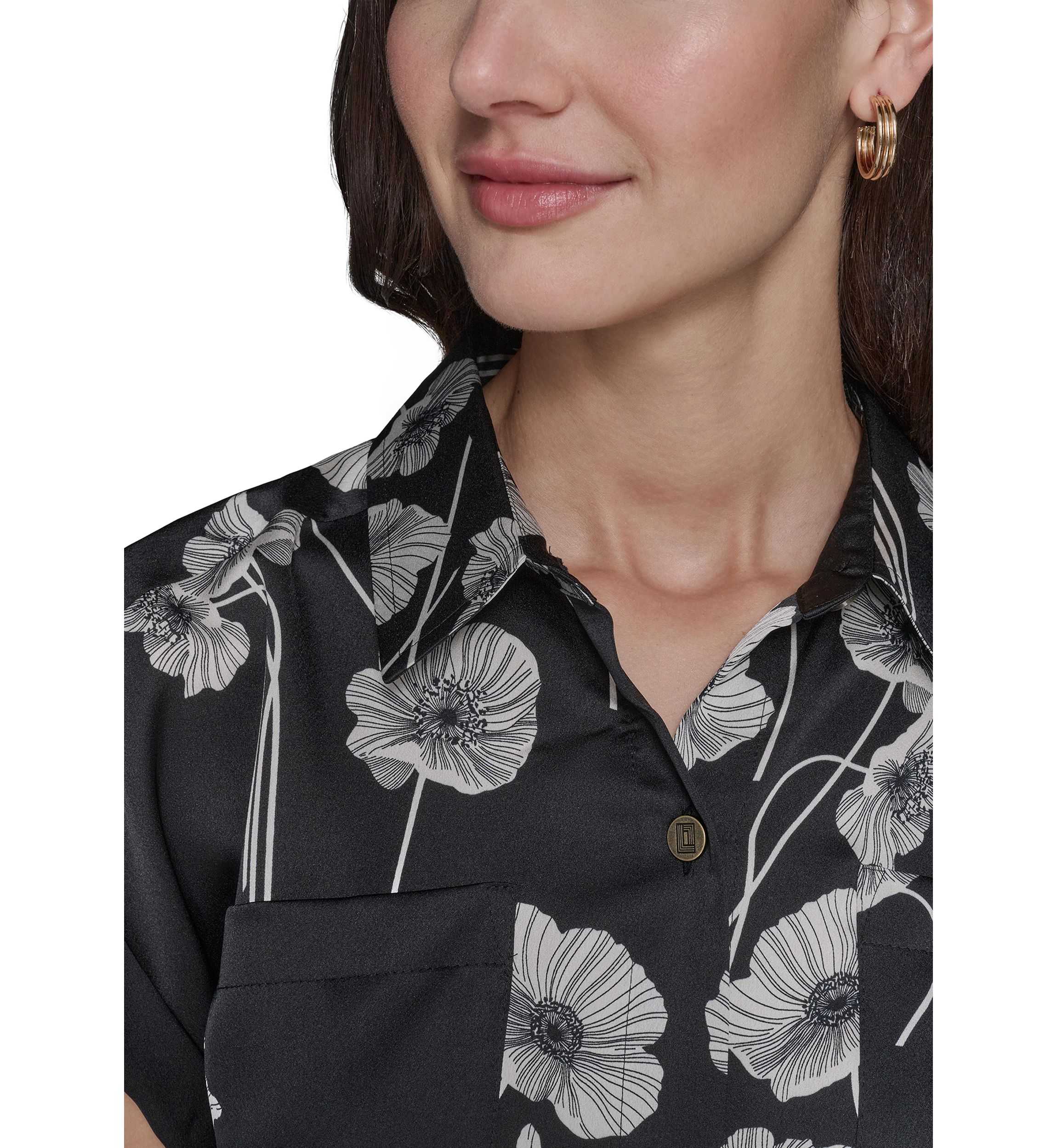 Womens Floral Printed Drawstring Camp Shirt