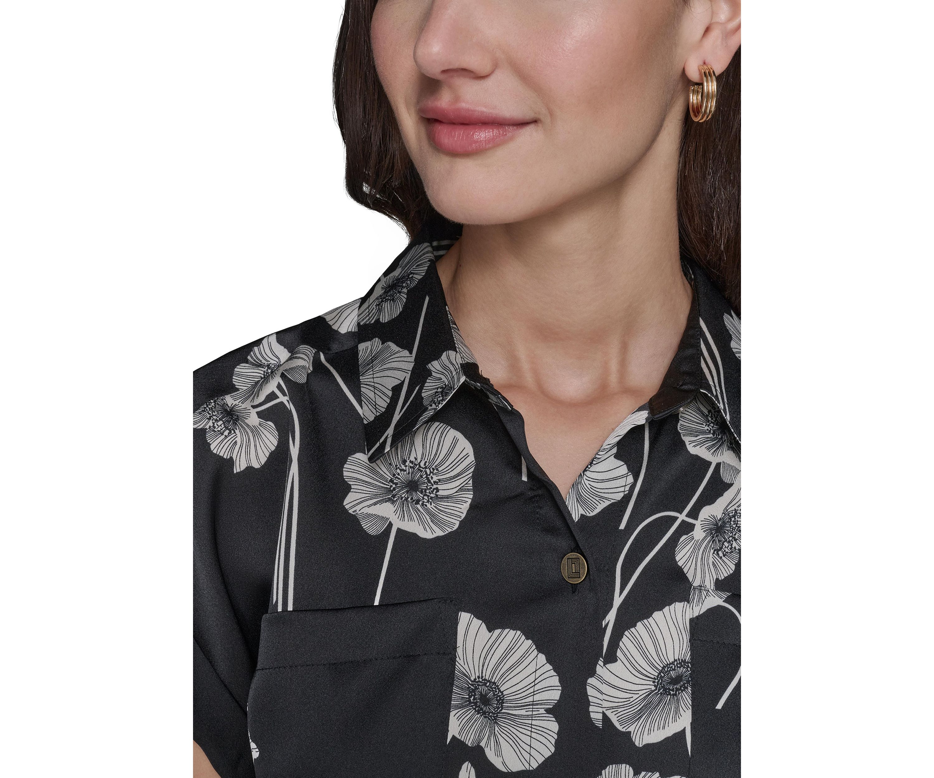 Womens Floral Printed Drawstring Camp Shirt