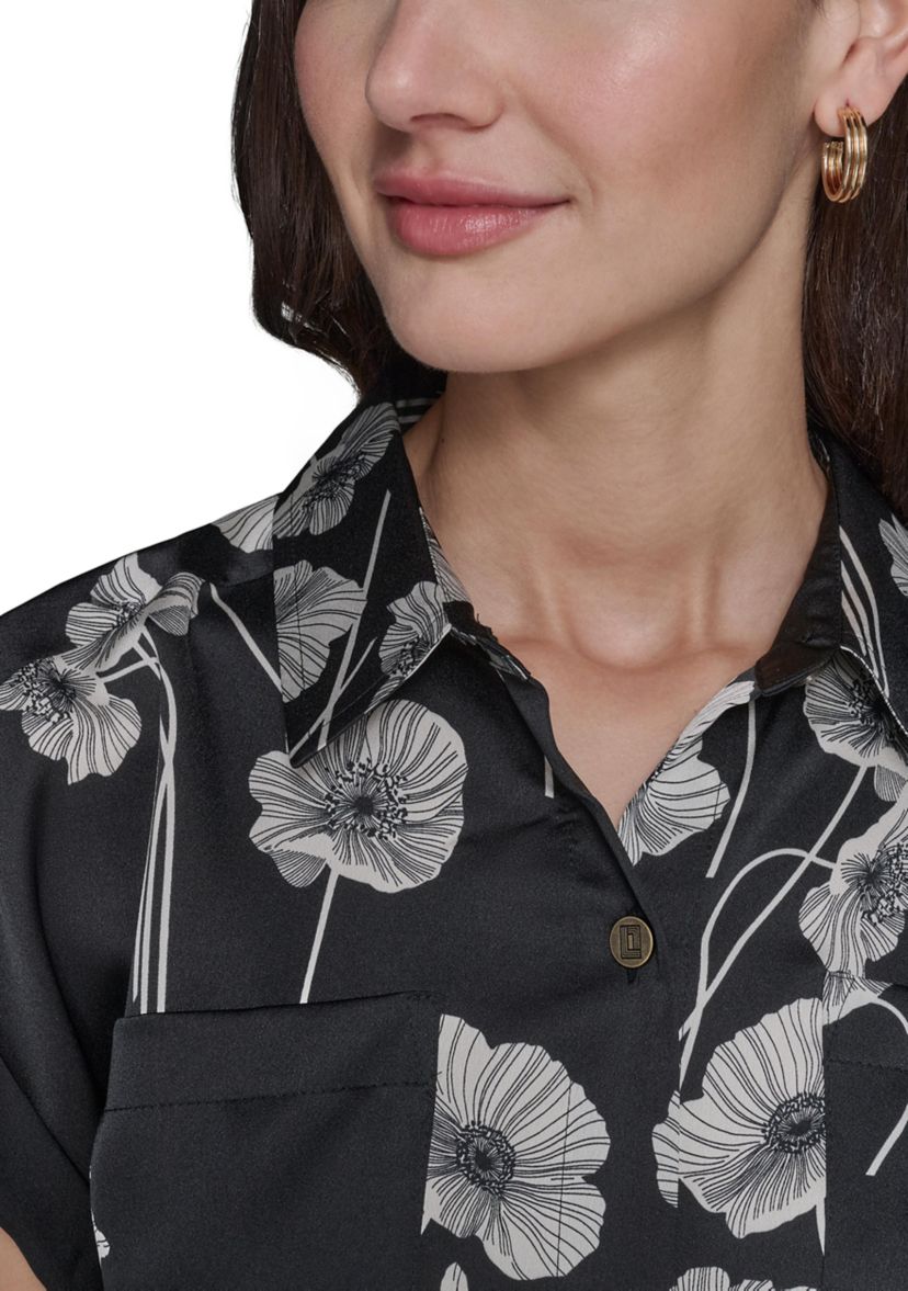 Womens Floral Printed Drawstring Camp Shirt