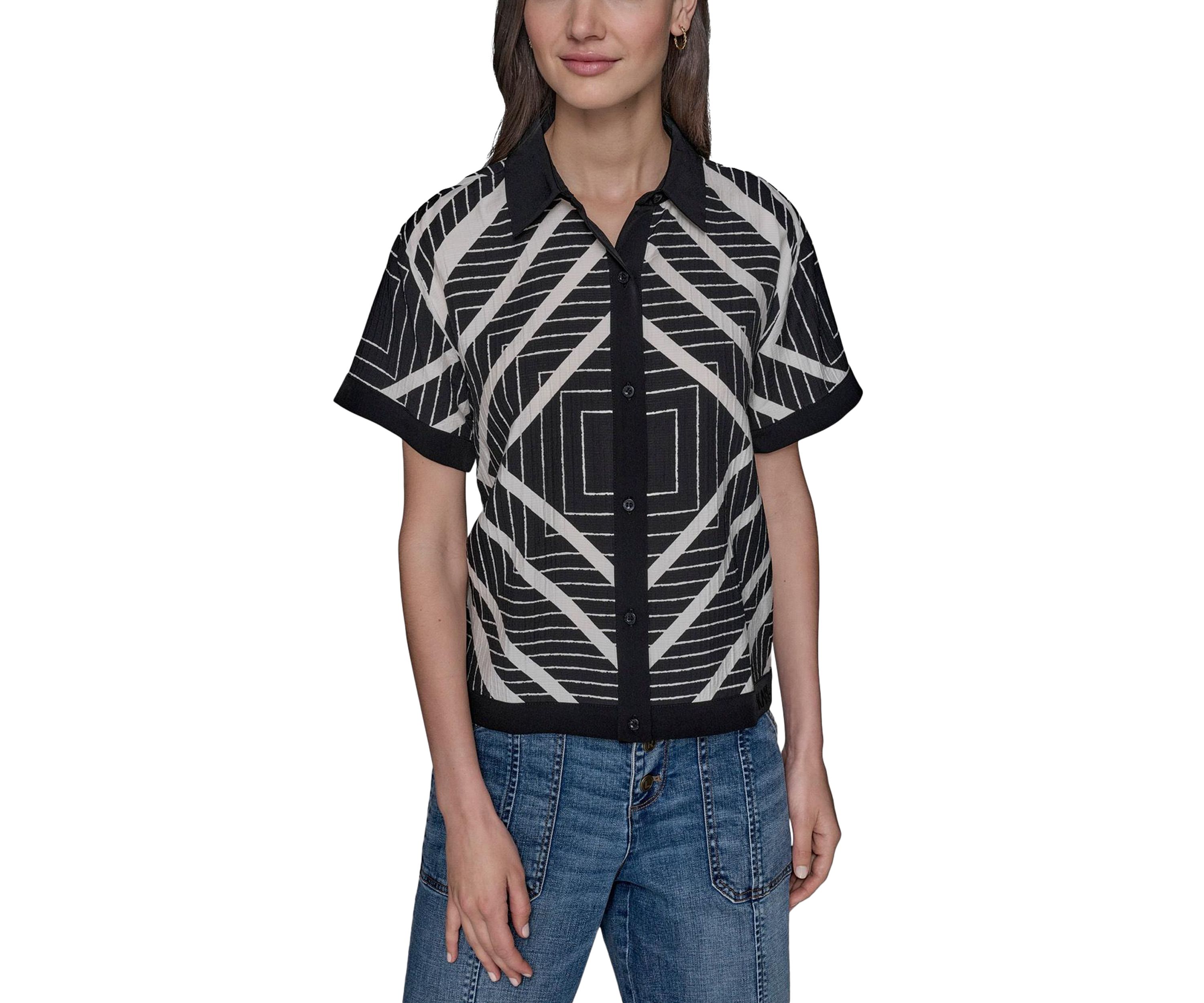 Womens Geometric Square Printed Camp Shirt 