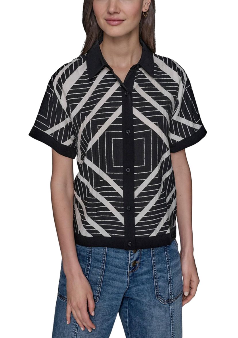 Womens Geometric Square Printed Camp Shirt 