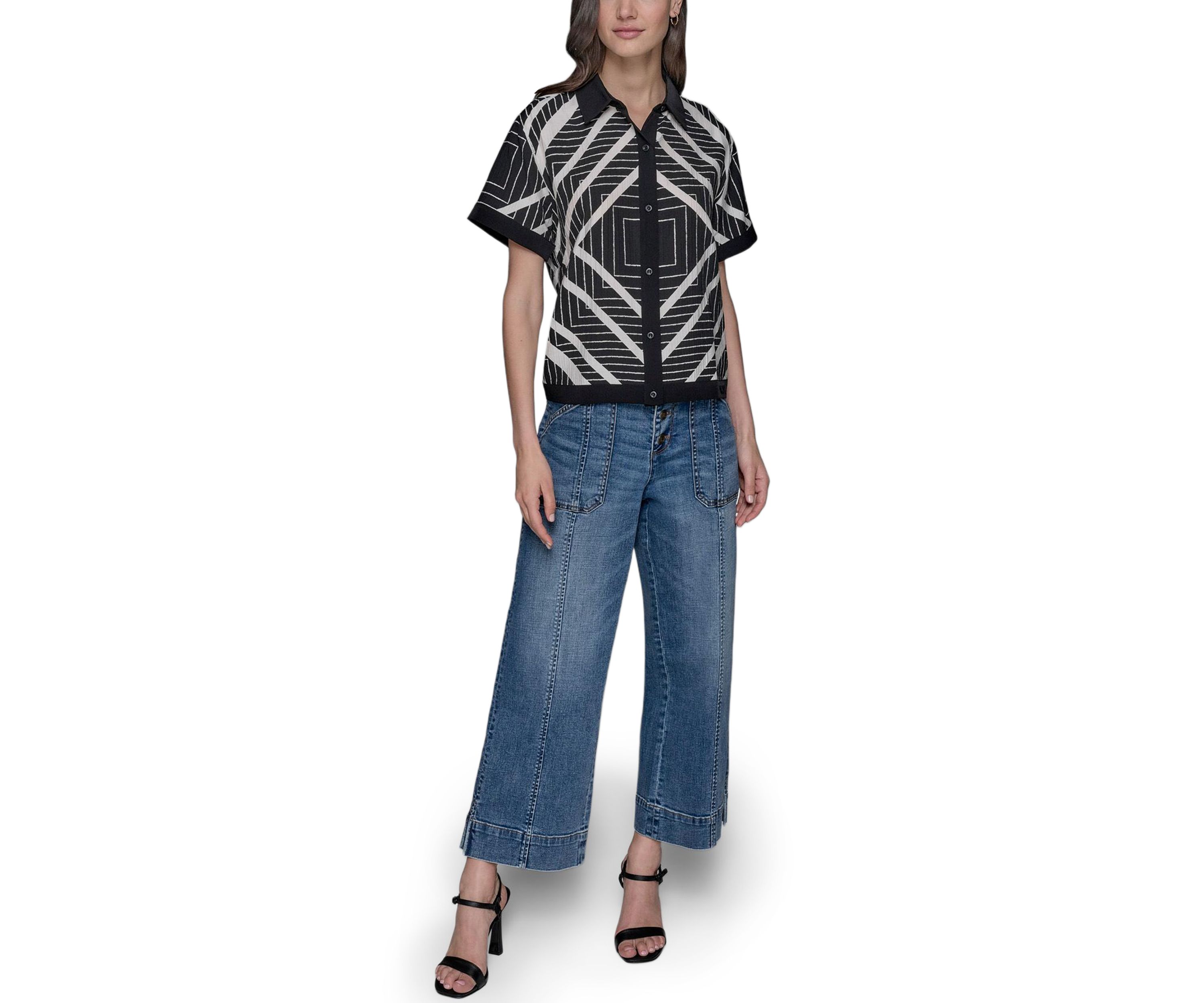 Womens Geometric Square Printed Camp Shirt 