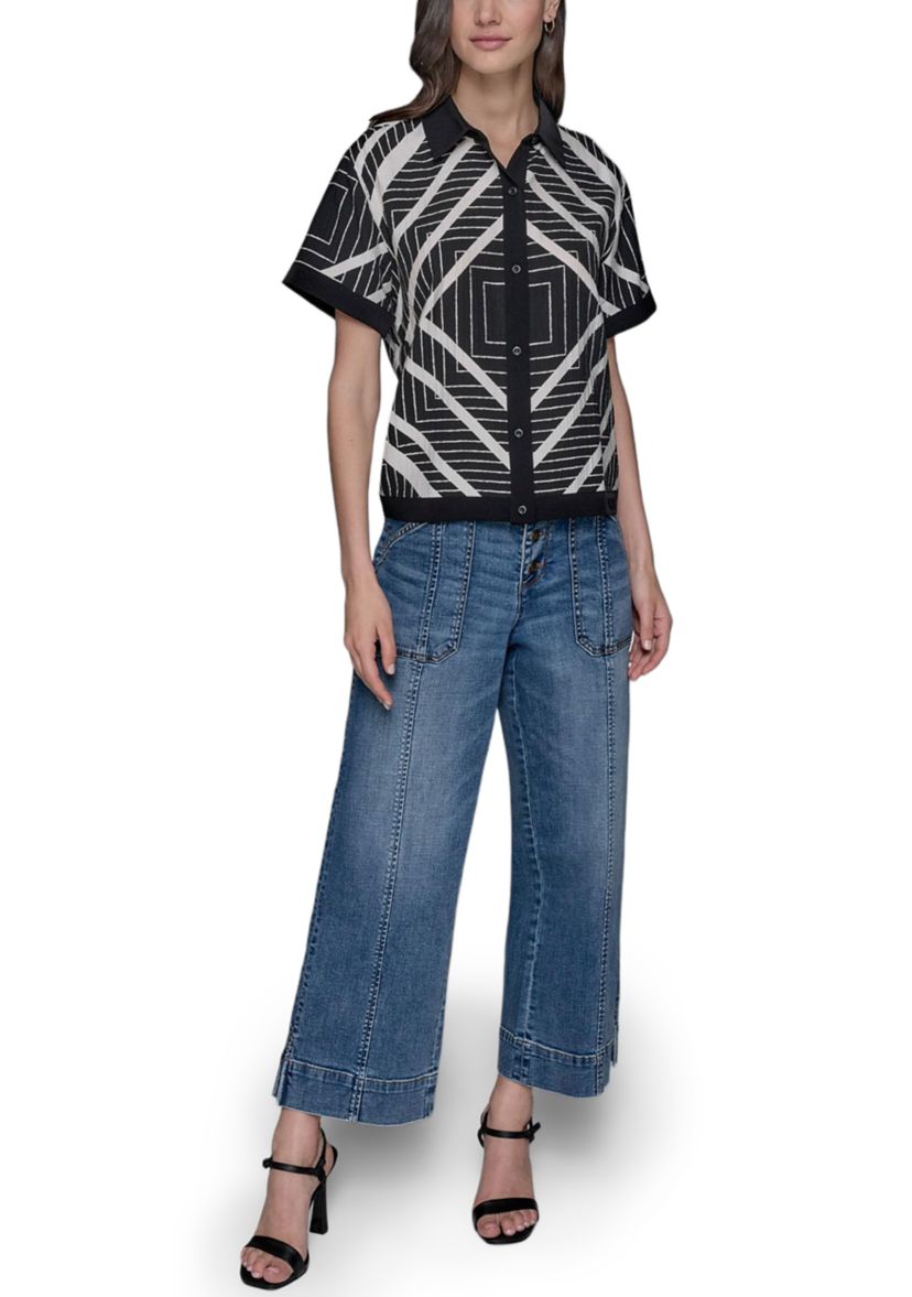 Womens Geometric Square Printed Camp Shirt 