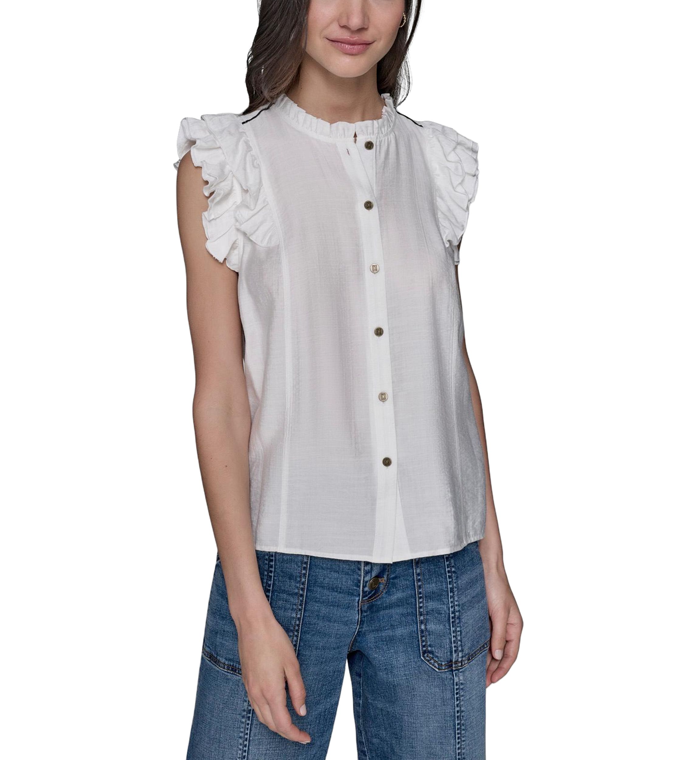 Womens Flutter Sleeve Button Front Top 