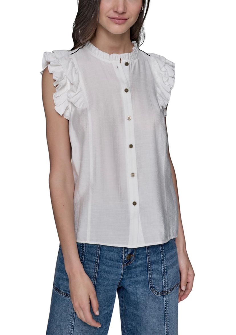 Womens Flutter Sleeve Button Front Top 