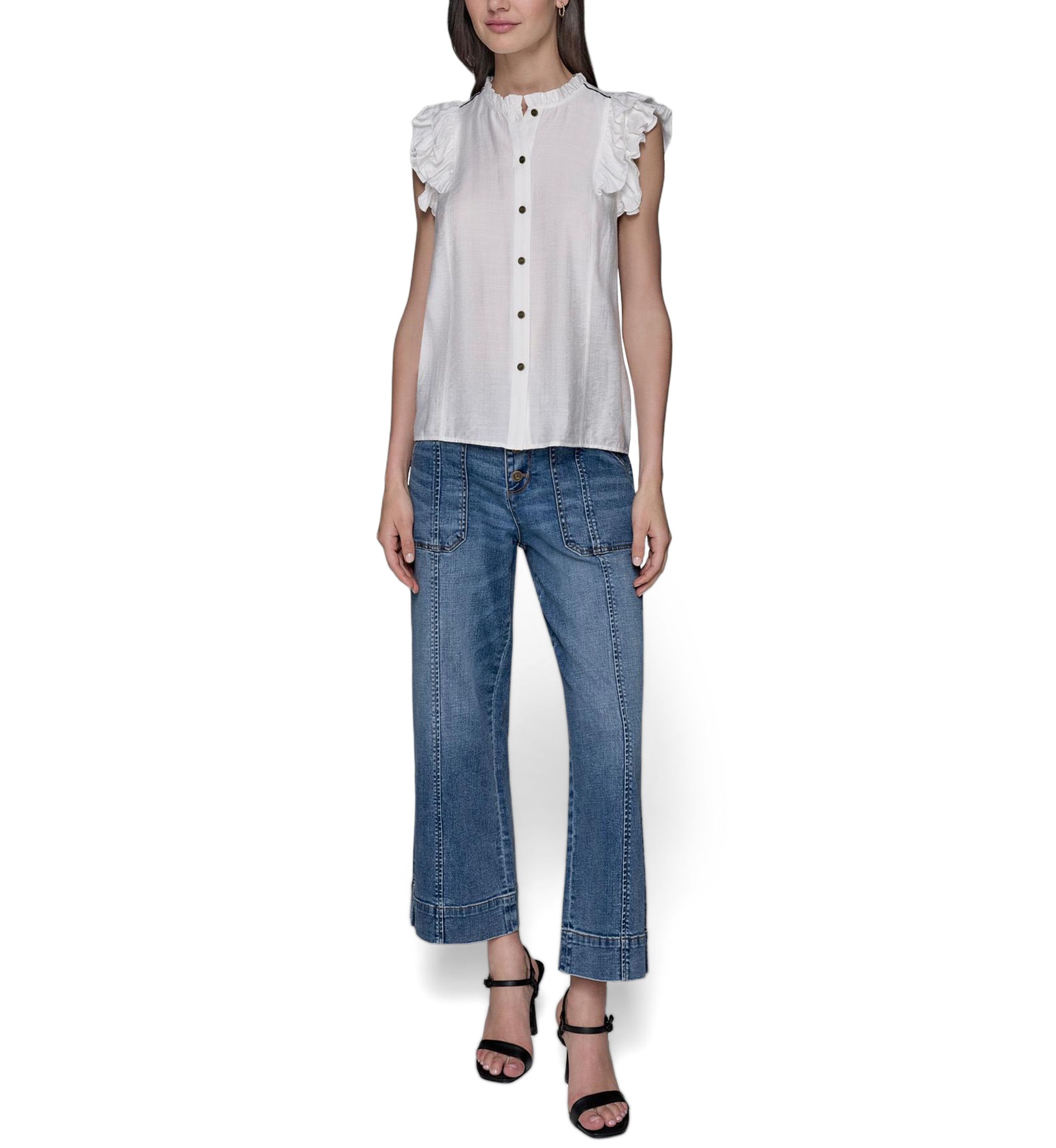 Womens Flutter Sleeve Button Front Top 
