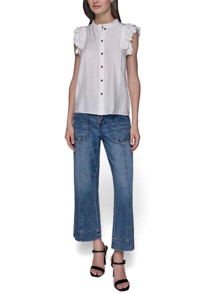 Womens Flutter Sleeve Button Front Top 