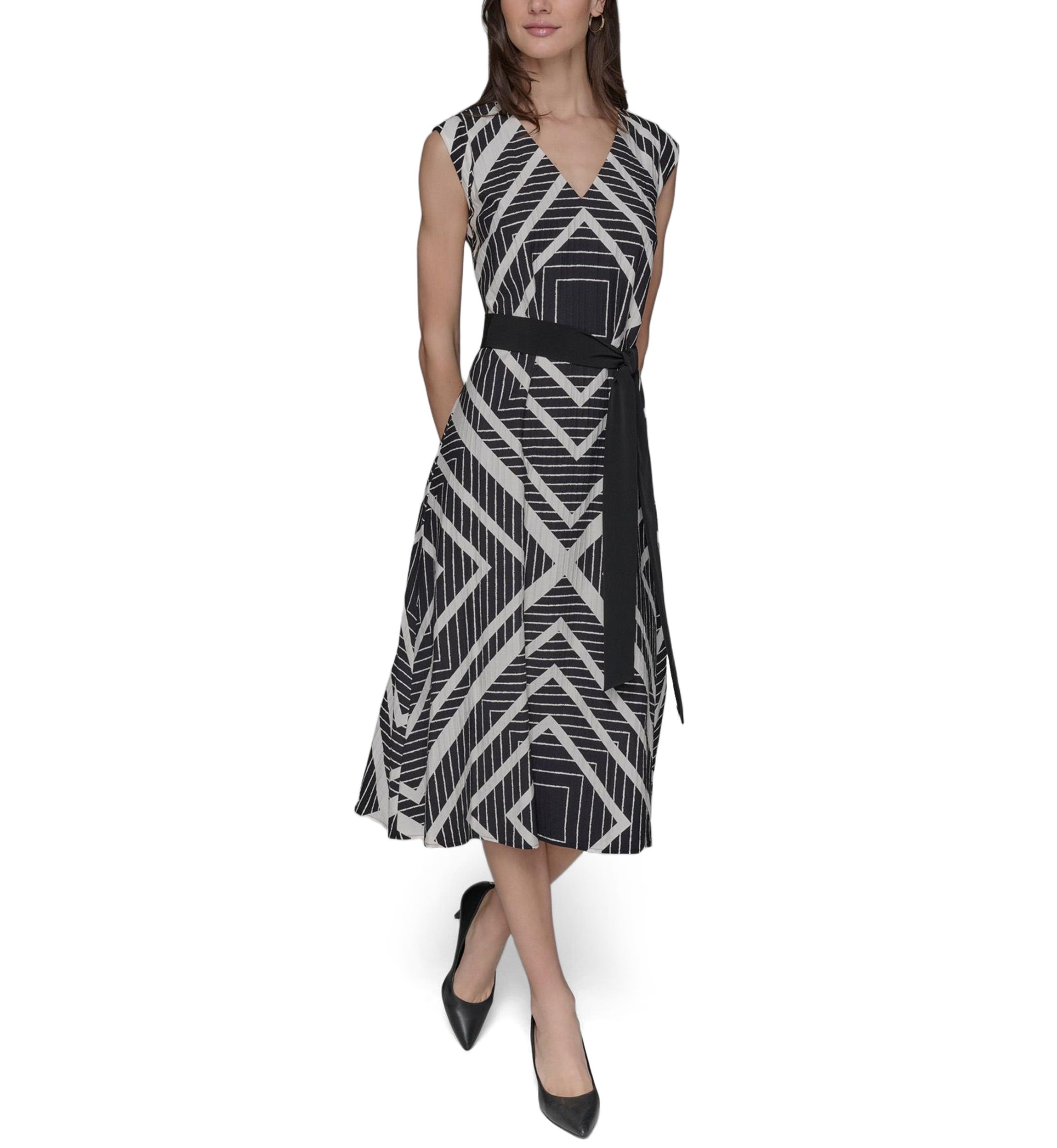 Womens Sleeveless Geometric Square Print Belted Waist Midi Dress