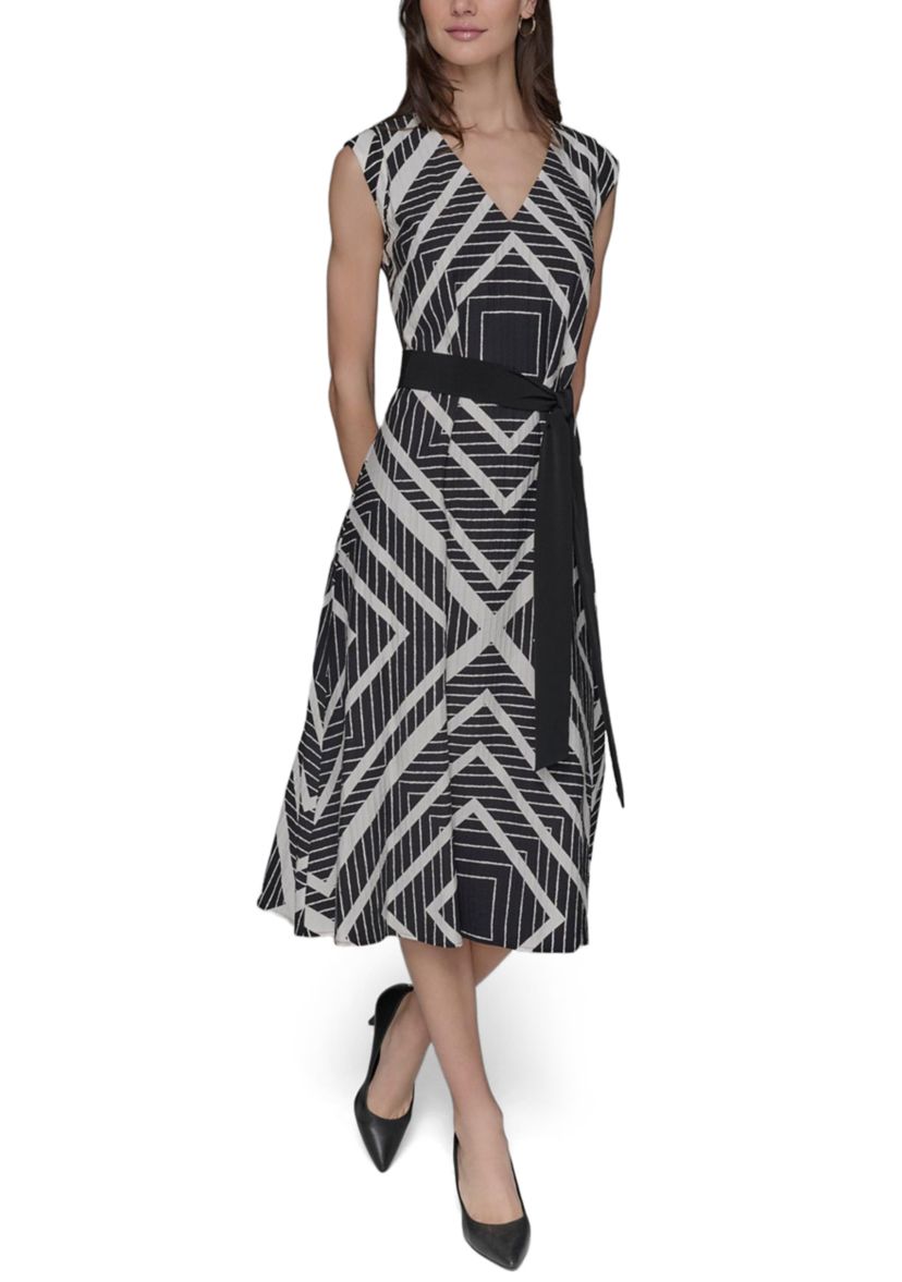 Womens Sleeveless Geometric Square Print Belted Waist Midi Dress