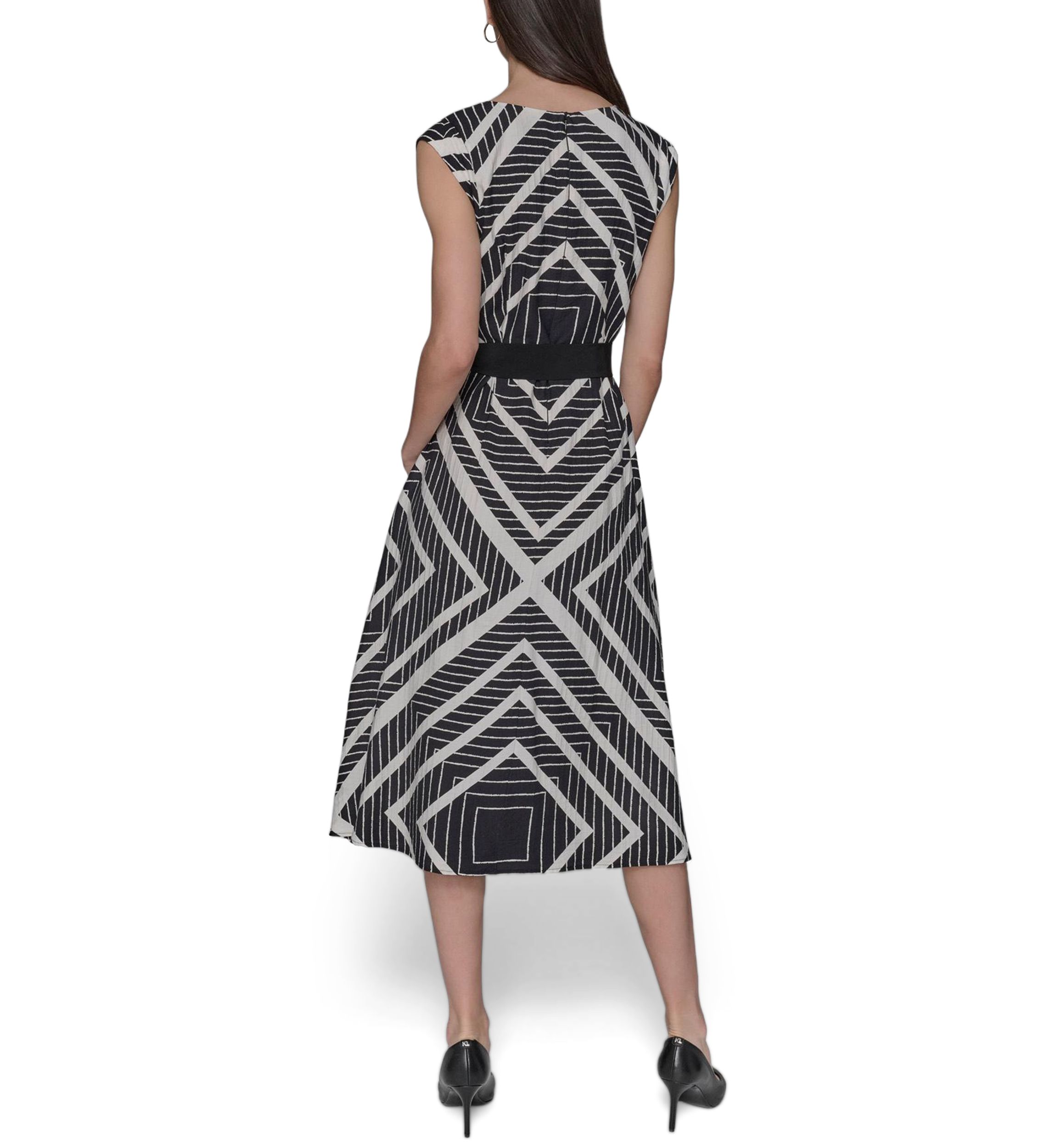 Womens Sleeveless Geometric Square Print Belted Waist Midi Dress