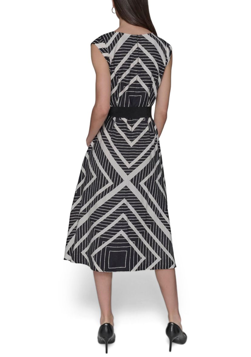 Womens Sleeveless Geometric Square Print Belted Waist Midi Dress