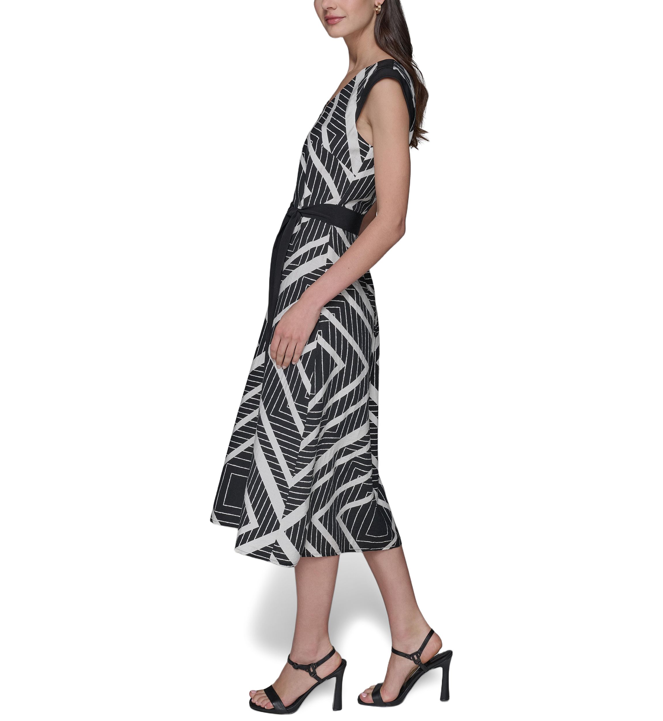 Womens Sleeveless Geometric Square Print Belted Waist Midi Dress