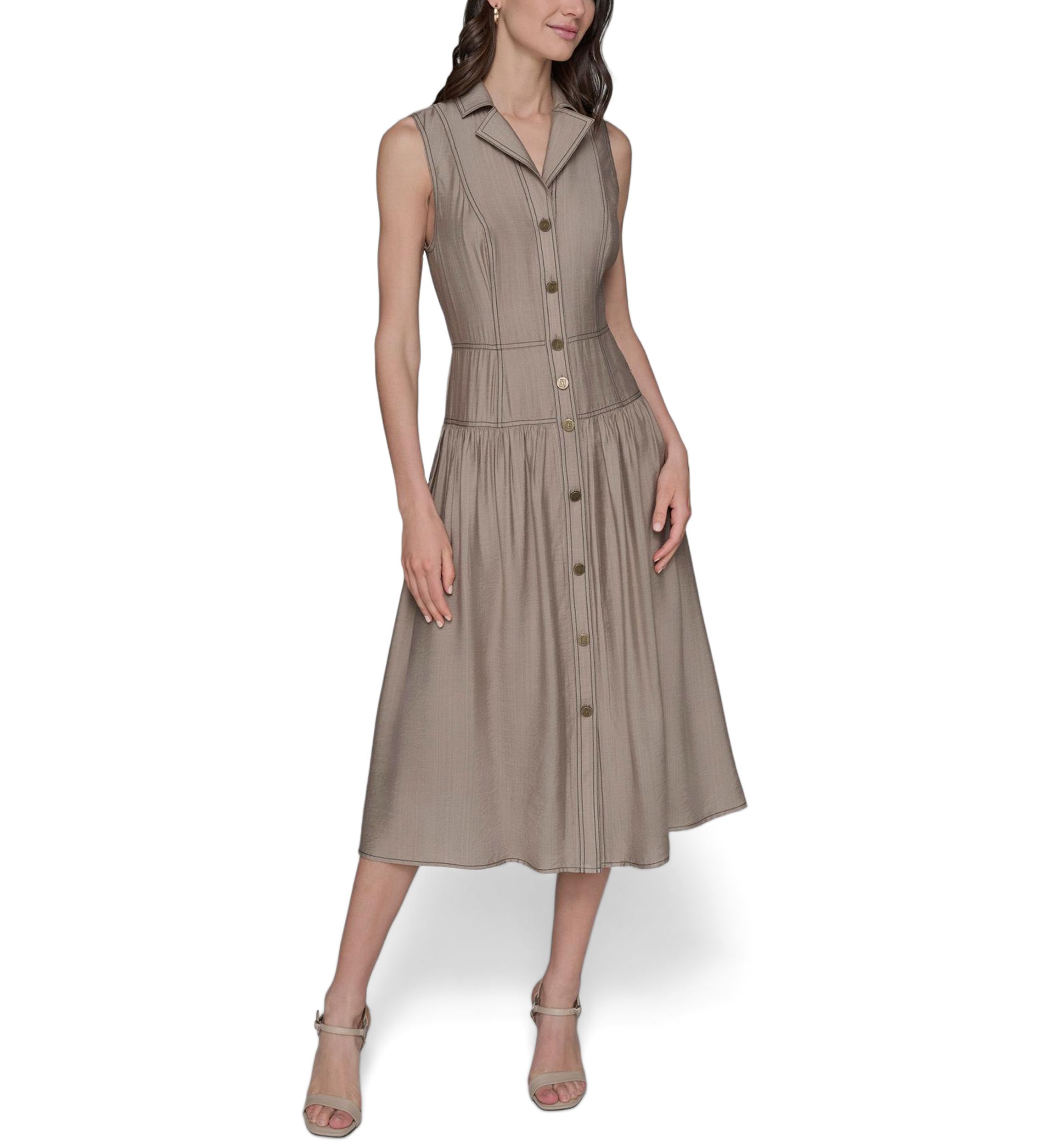 Womens Contrast Stitch Sleeveless Tiered Dress
