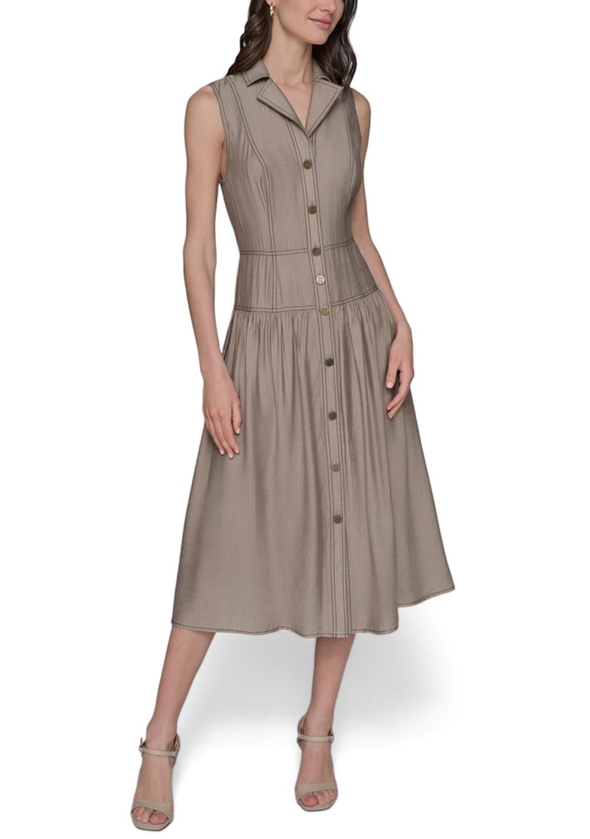 Womens Contrast Stitch Sleeveless Tiered Dress
