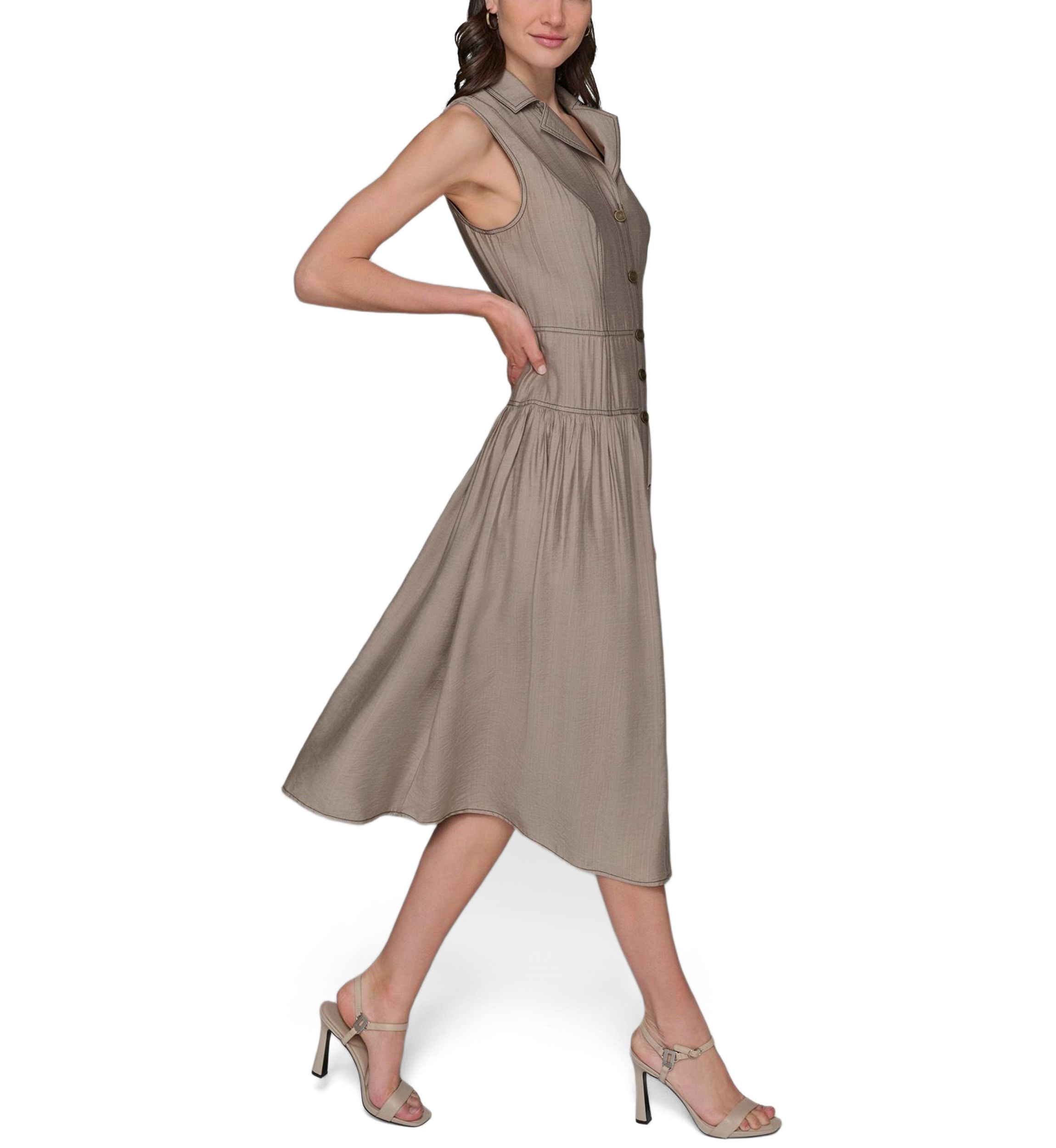Womens Contrast Stitch Sleeveless Tiered Dress