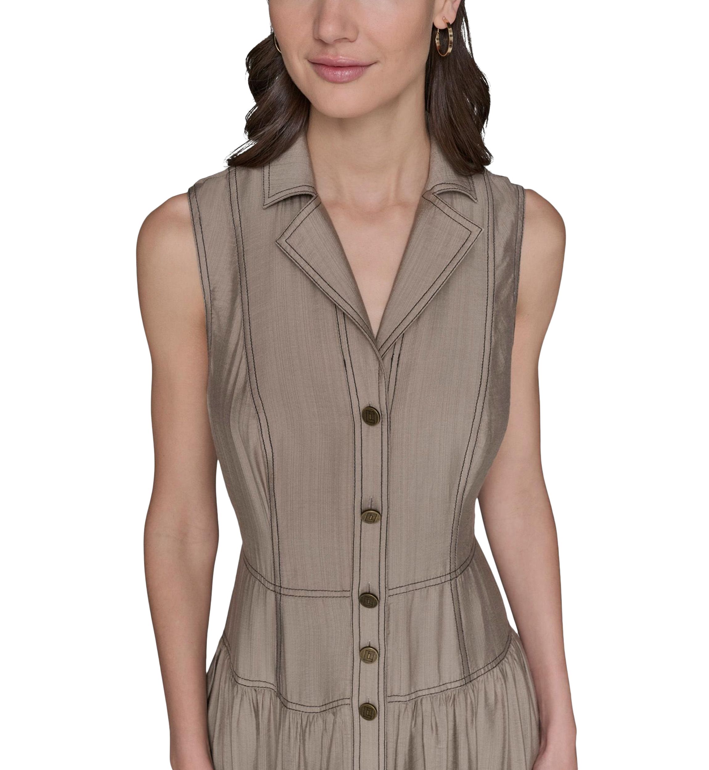 Womens Contrast Stitch Sleeveless Tiered Dress