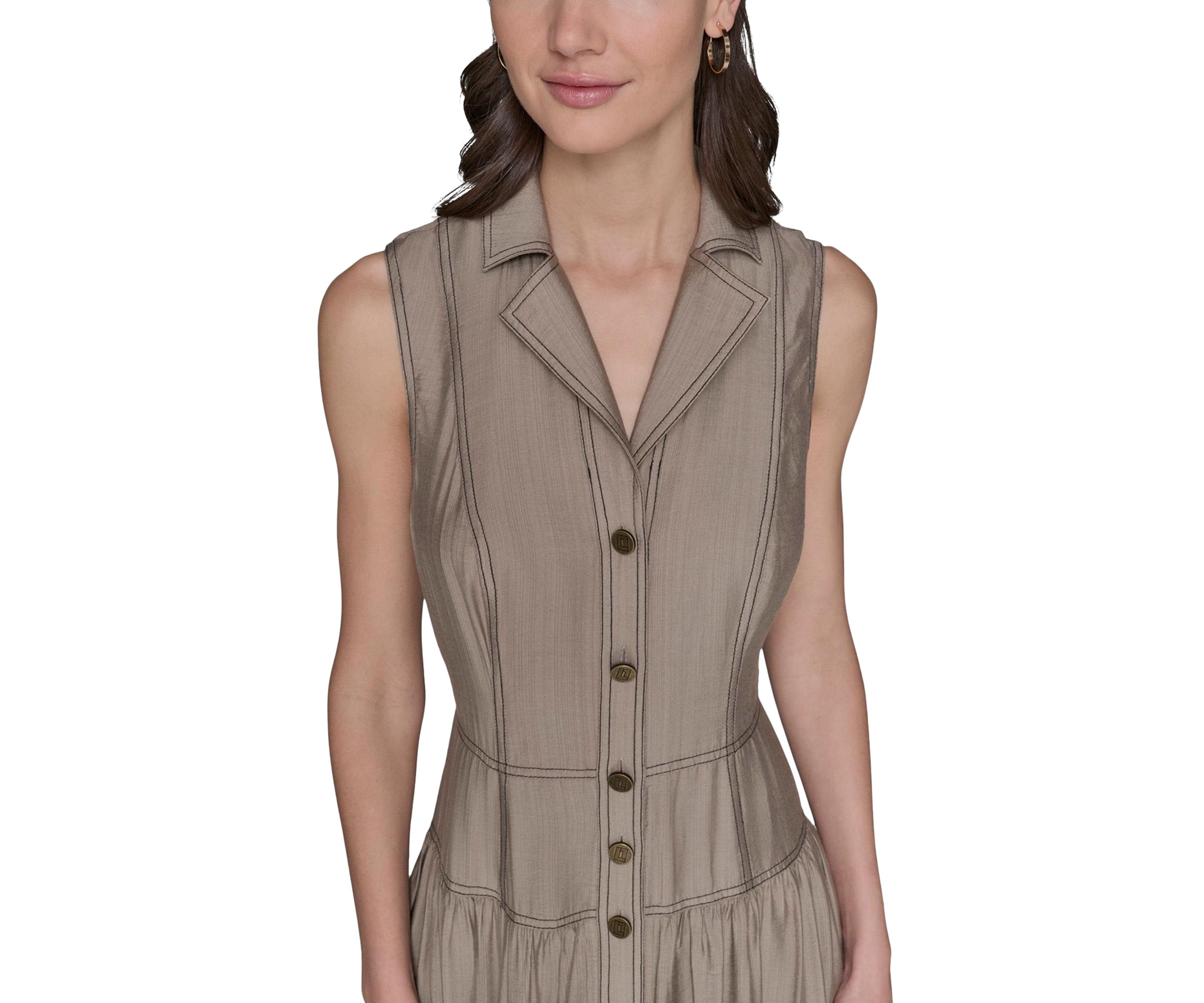 Womens Contrast Stitch Sleeveless Tiered Dress