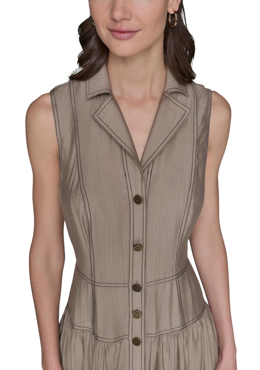 Womens Contrast Stitch Sleeveless Tiered Dress
