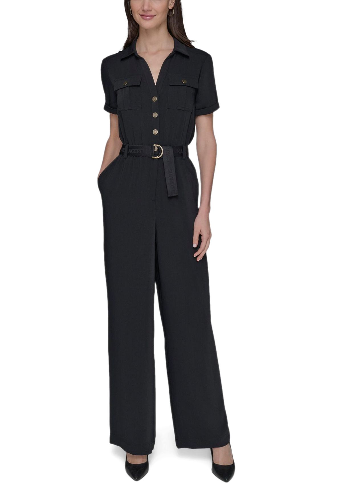 Womens Short Sleeve Button Front Jumpsuit