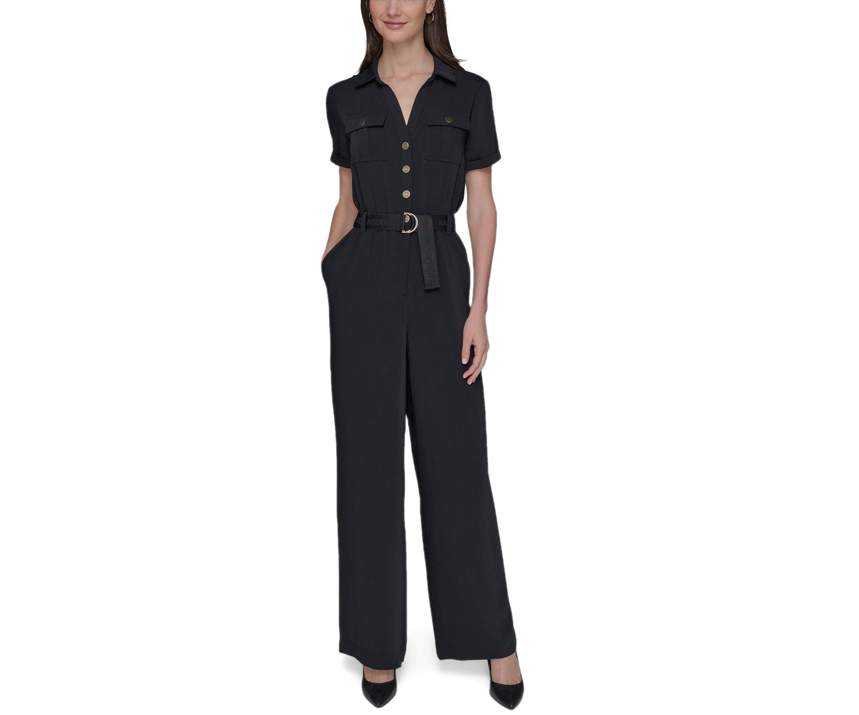 Womens Short Sleeve Button Front Jumpsuit