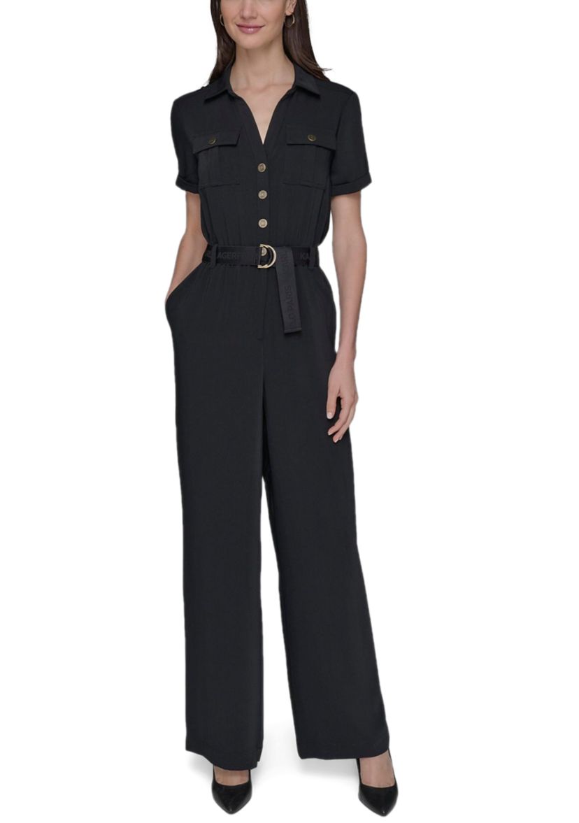 Womens Short Sleeve Button Front Jumpsuit