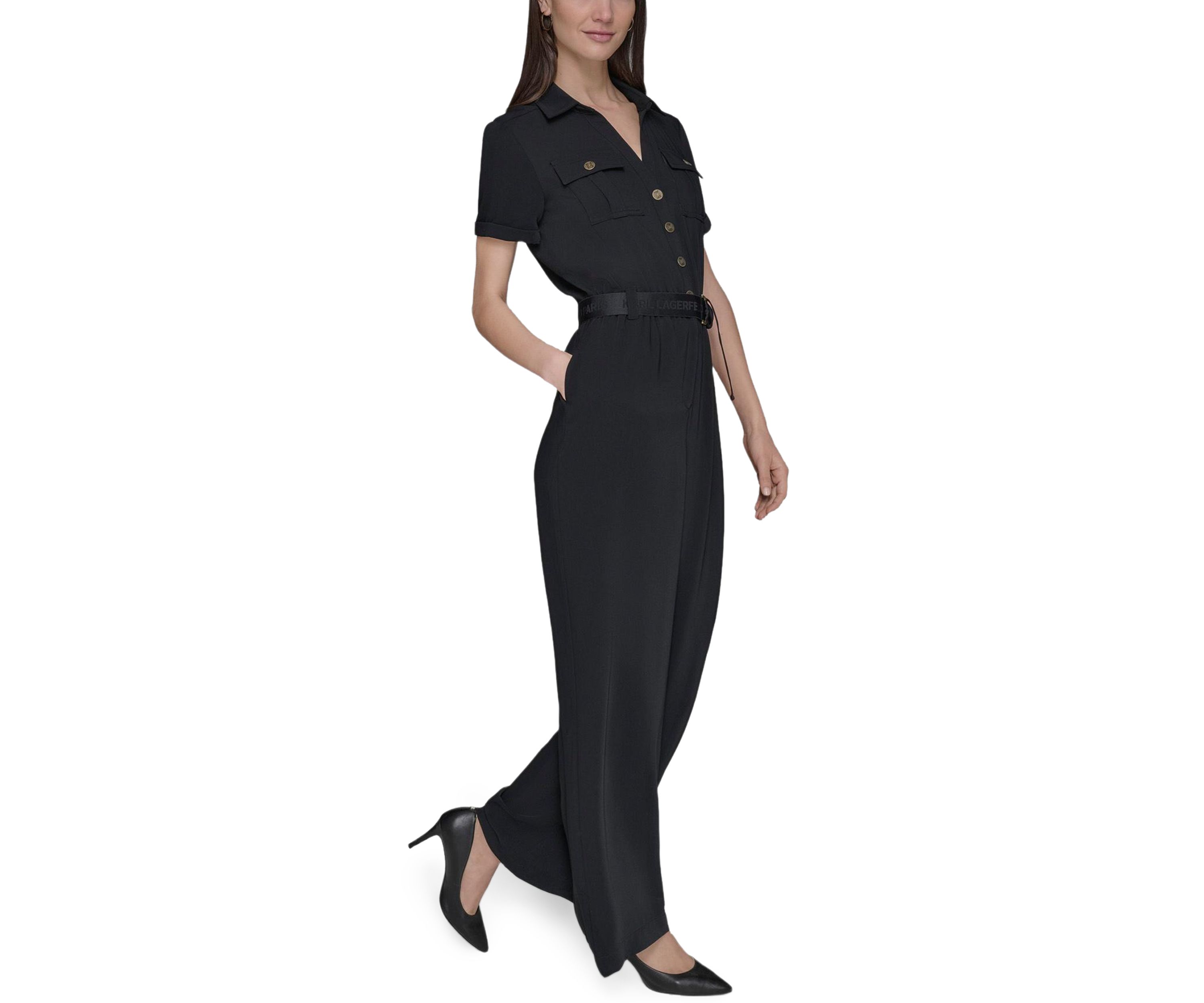 Womens Short Sleeve Button Front Jumpsuit