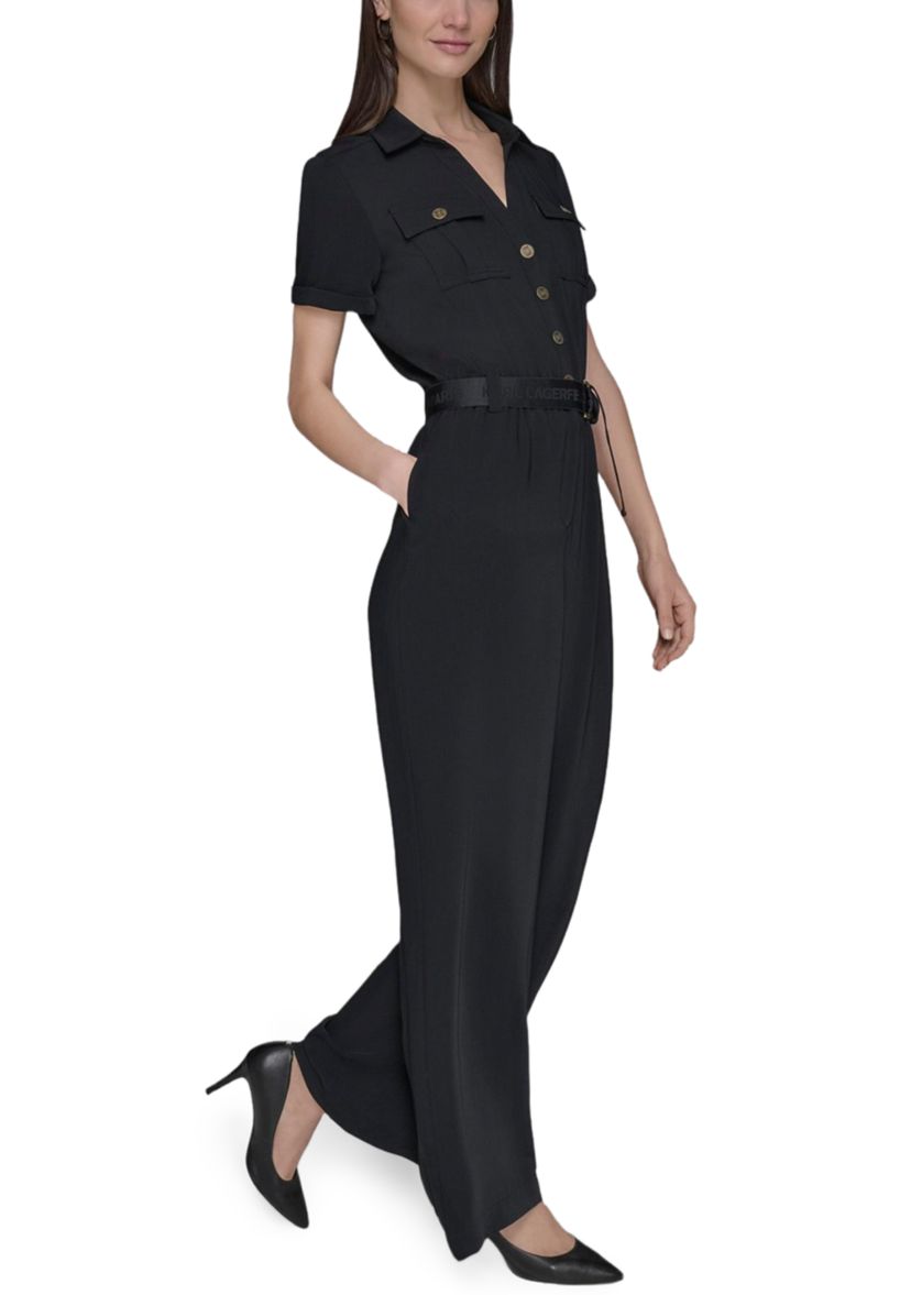 Womens Short Sleeve Button Front Jumpsuit