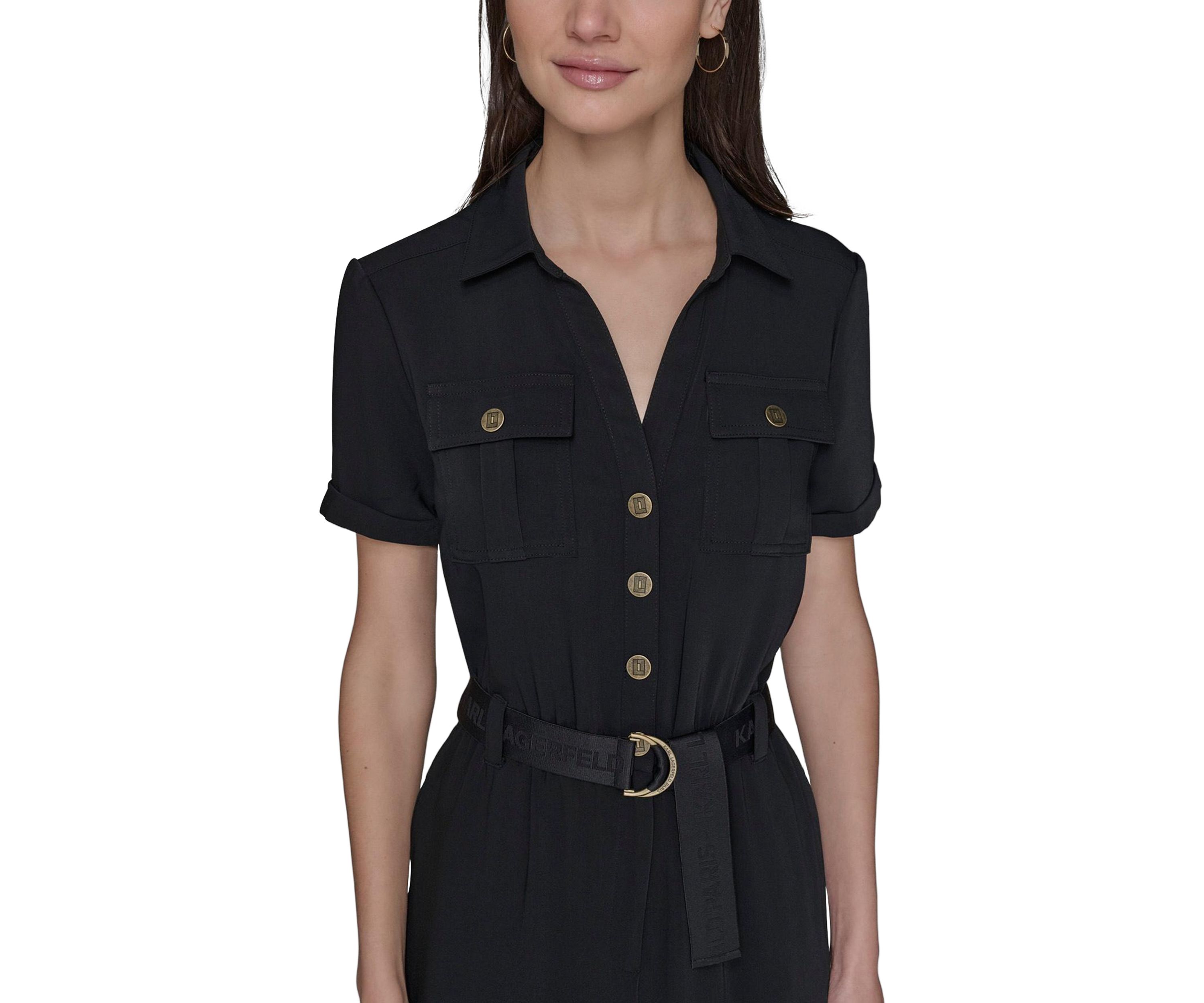 Womens Short Sleeve Button Front Jumpsuit