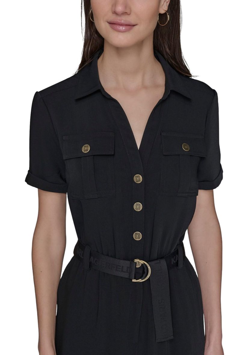 Womens Short Sleeve Button Front Jumpsuit