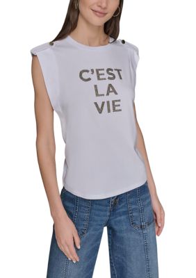 KARL LAGERFELD PARIS Women's C'est La Vie Graphic Stud Top, White, XS