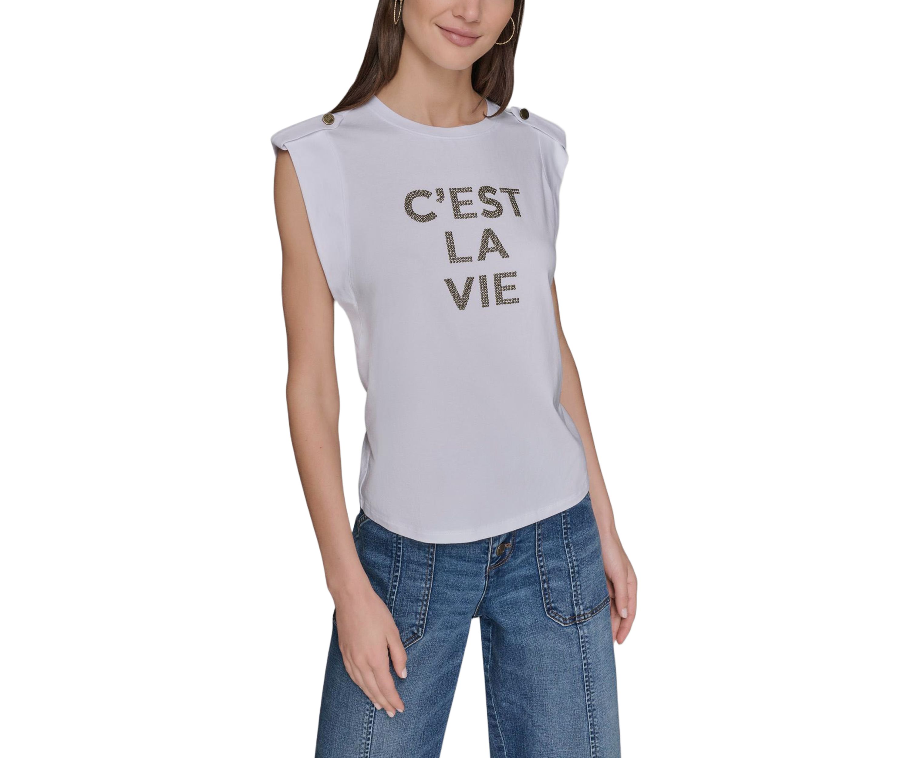 Womens Cest La Vie Graphic Stud Top