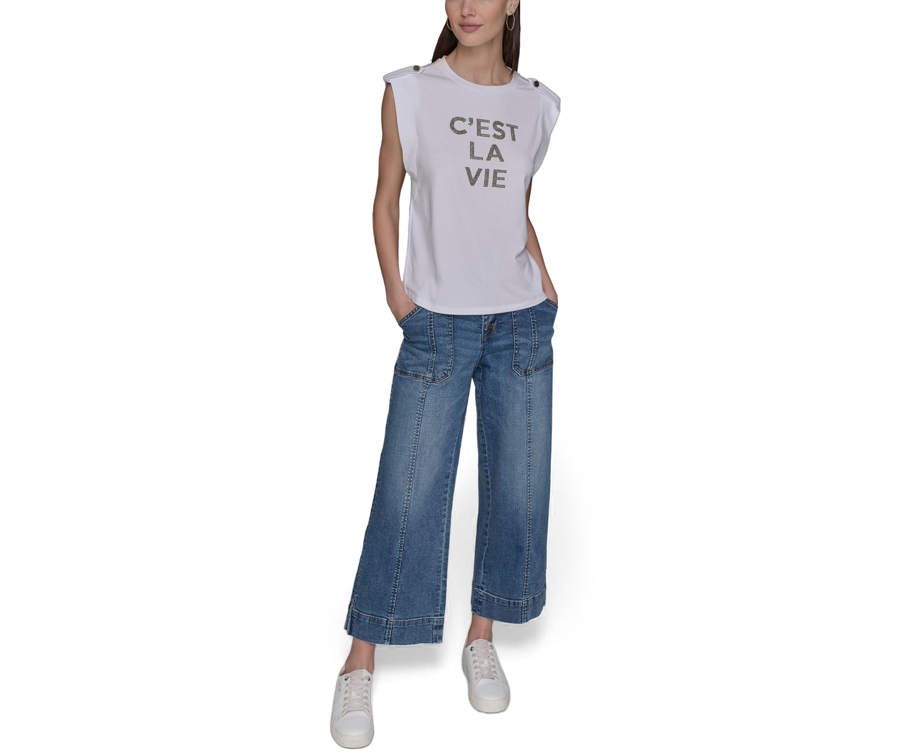 Womens Cest La Vie Graphic Stud Top