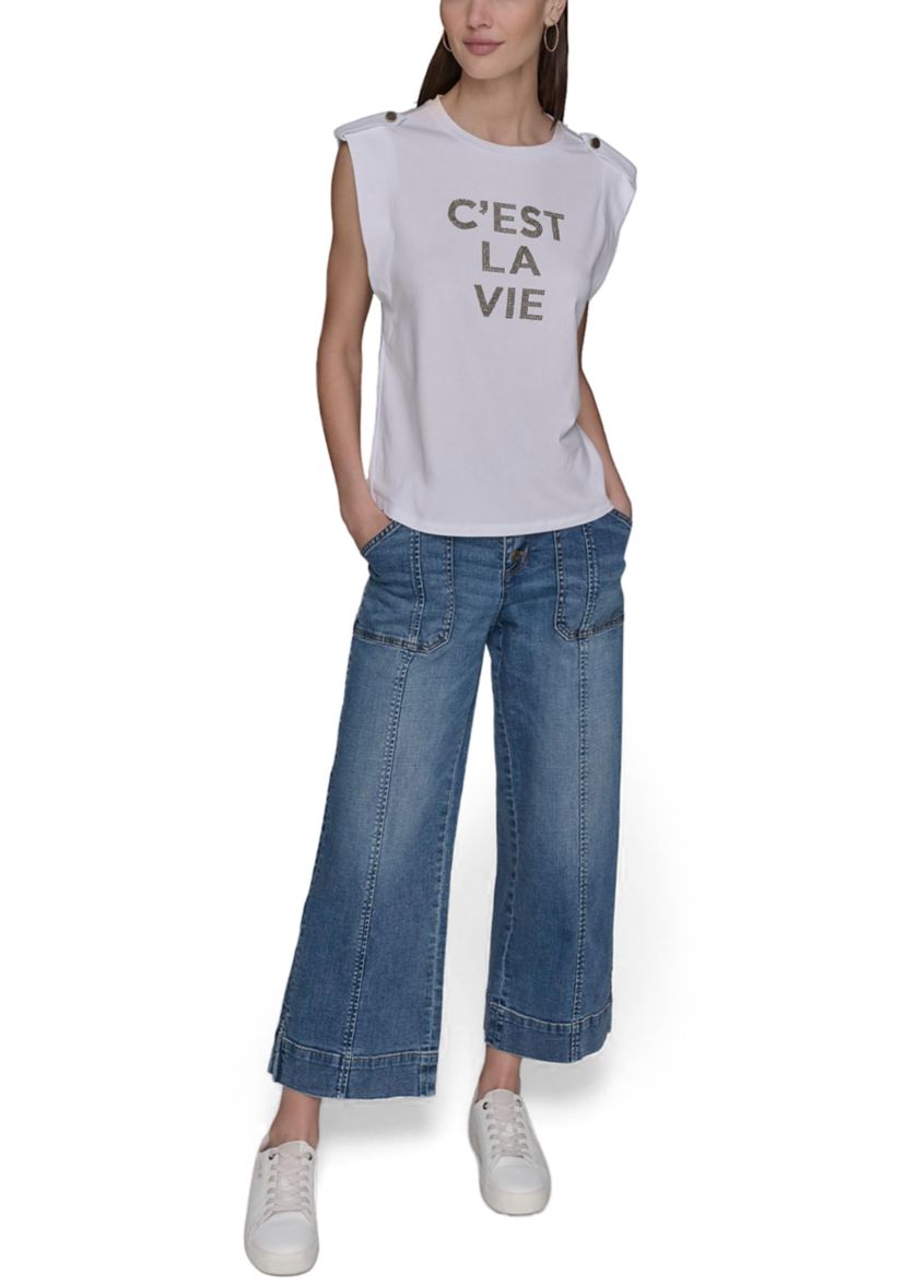 Womens Cest La Vie Graphic Stud Top