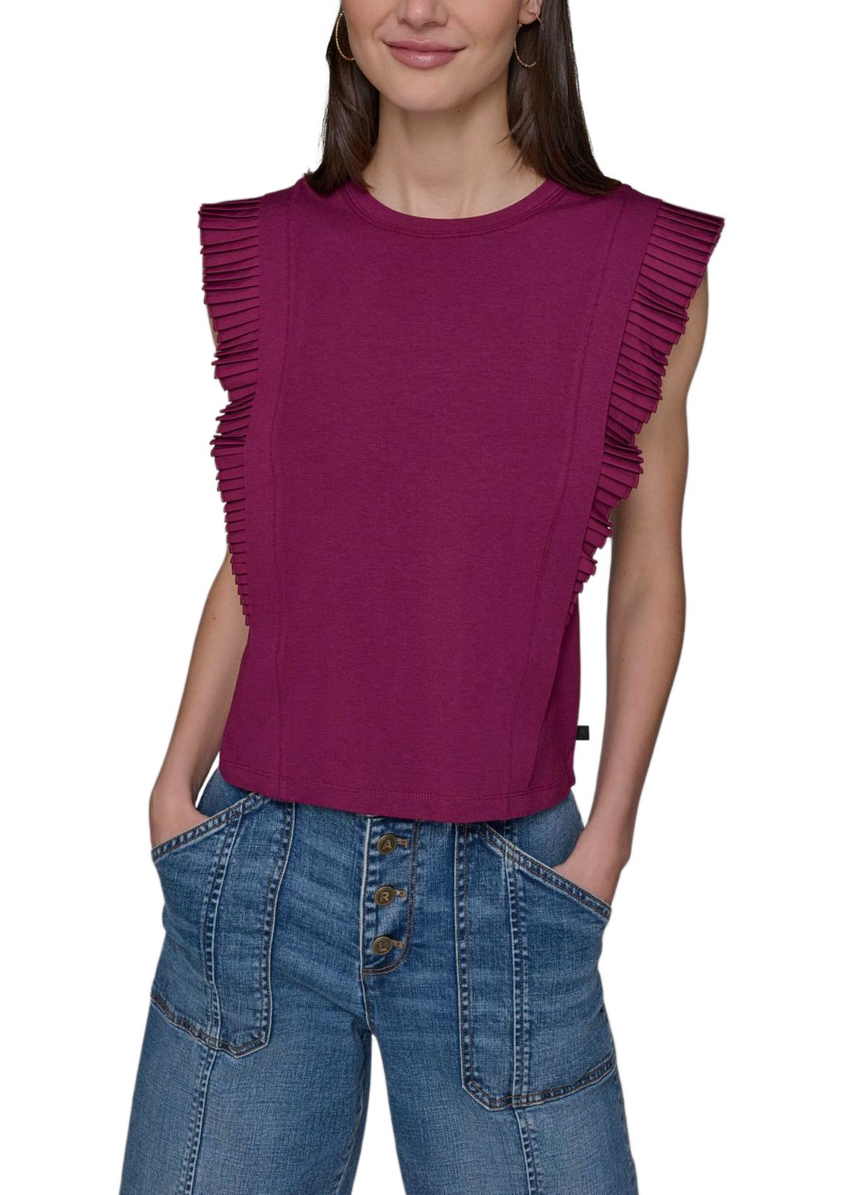 Womens Ruffle Mixed Media Knit Top