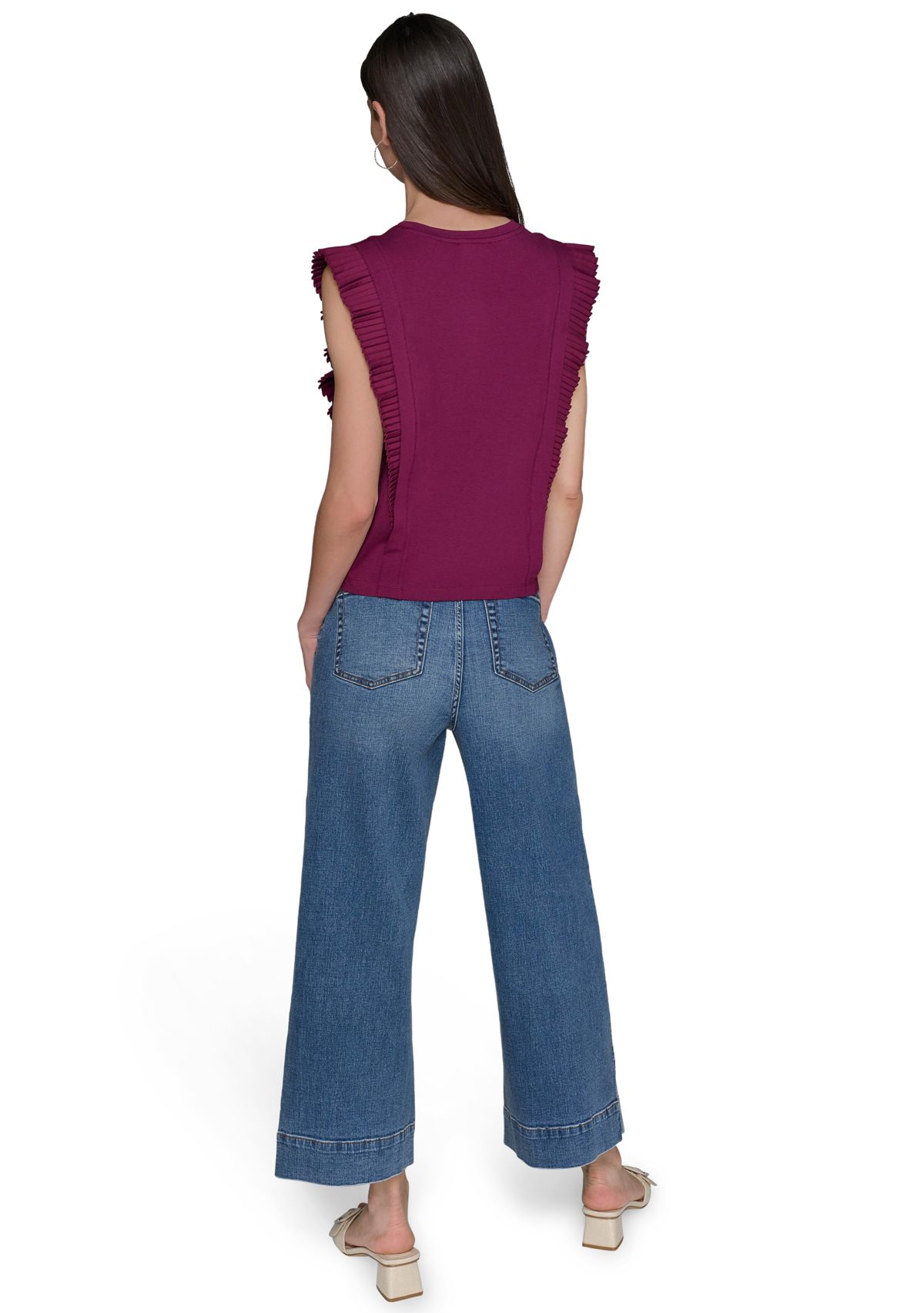 Womens Ruffle Mixed Media Knit Top